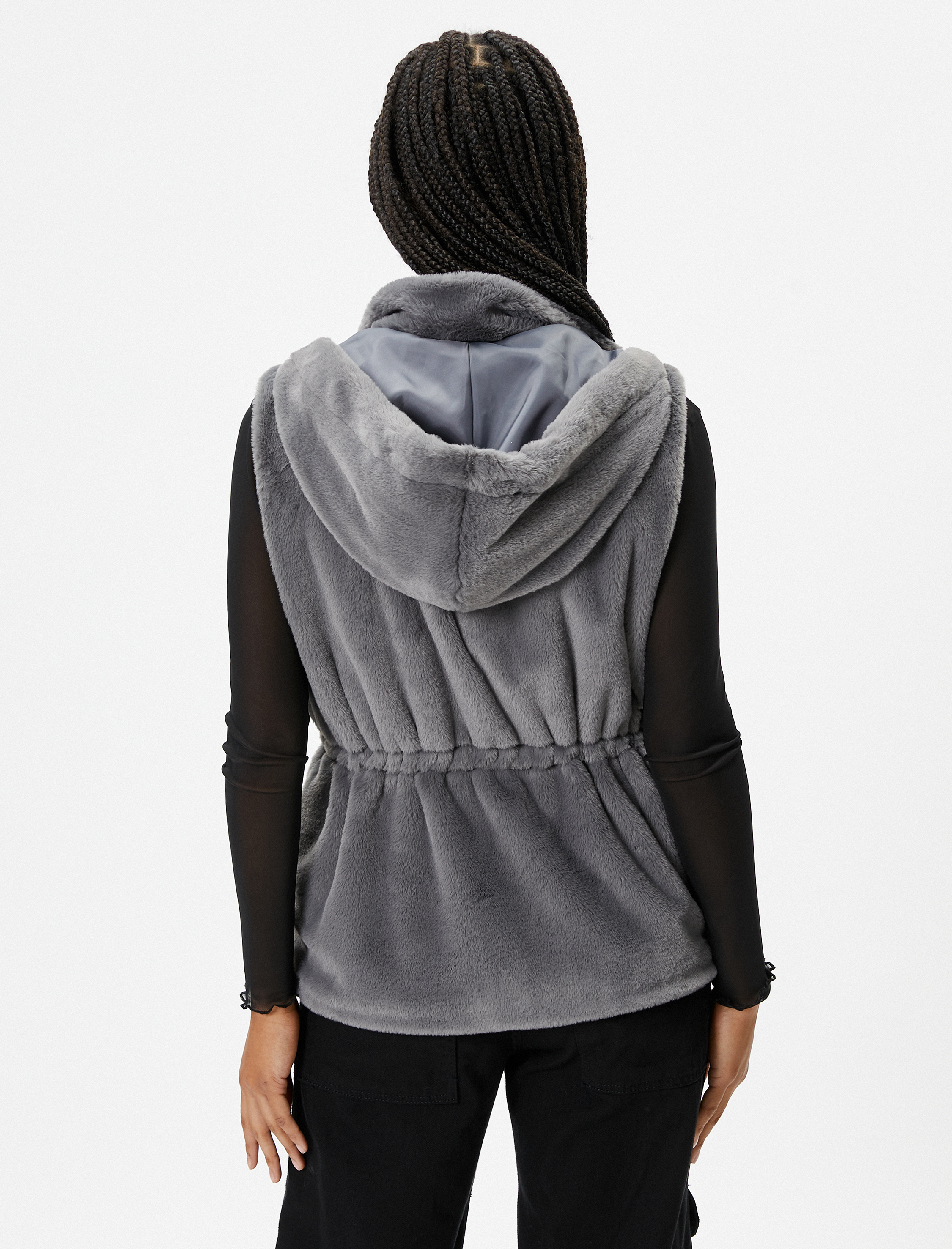   Peluş Yelek Kapşonlu Beli Lastik Detaylı Cepli