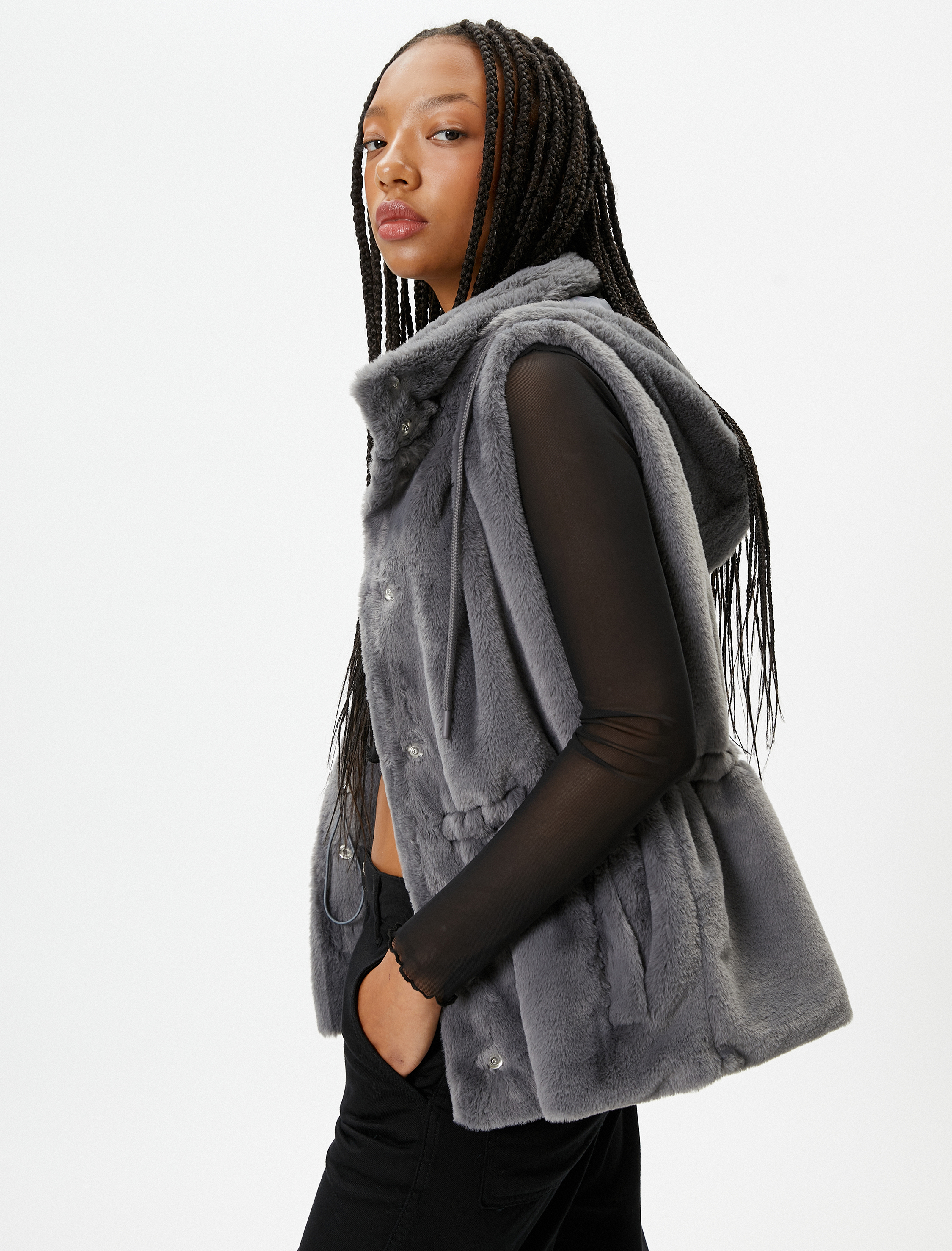   Peluş Yelek Kapşonlu Beli Lastik Detaylı Cepli