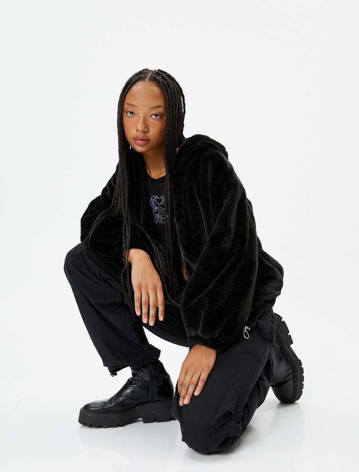  Kapşonlu Peluş Ceket Fermuarlı Uzun Kollu Manşetleri Lastikli