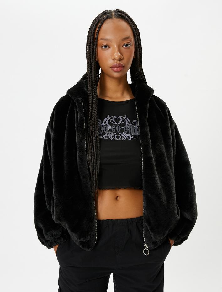  Kapşonlu Peluş Ceket Fermuarlı Uzun Kollu Manşetleri Lastikli