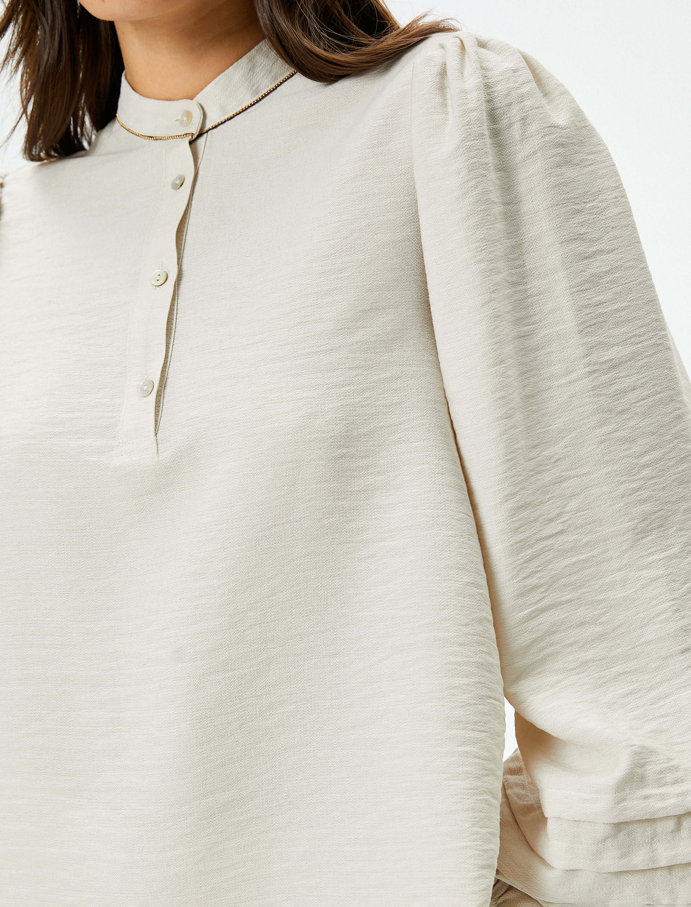   Hakim Yaka Bluz Balon Kollu Düğmeli Nervürlü Viskon