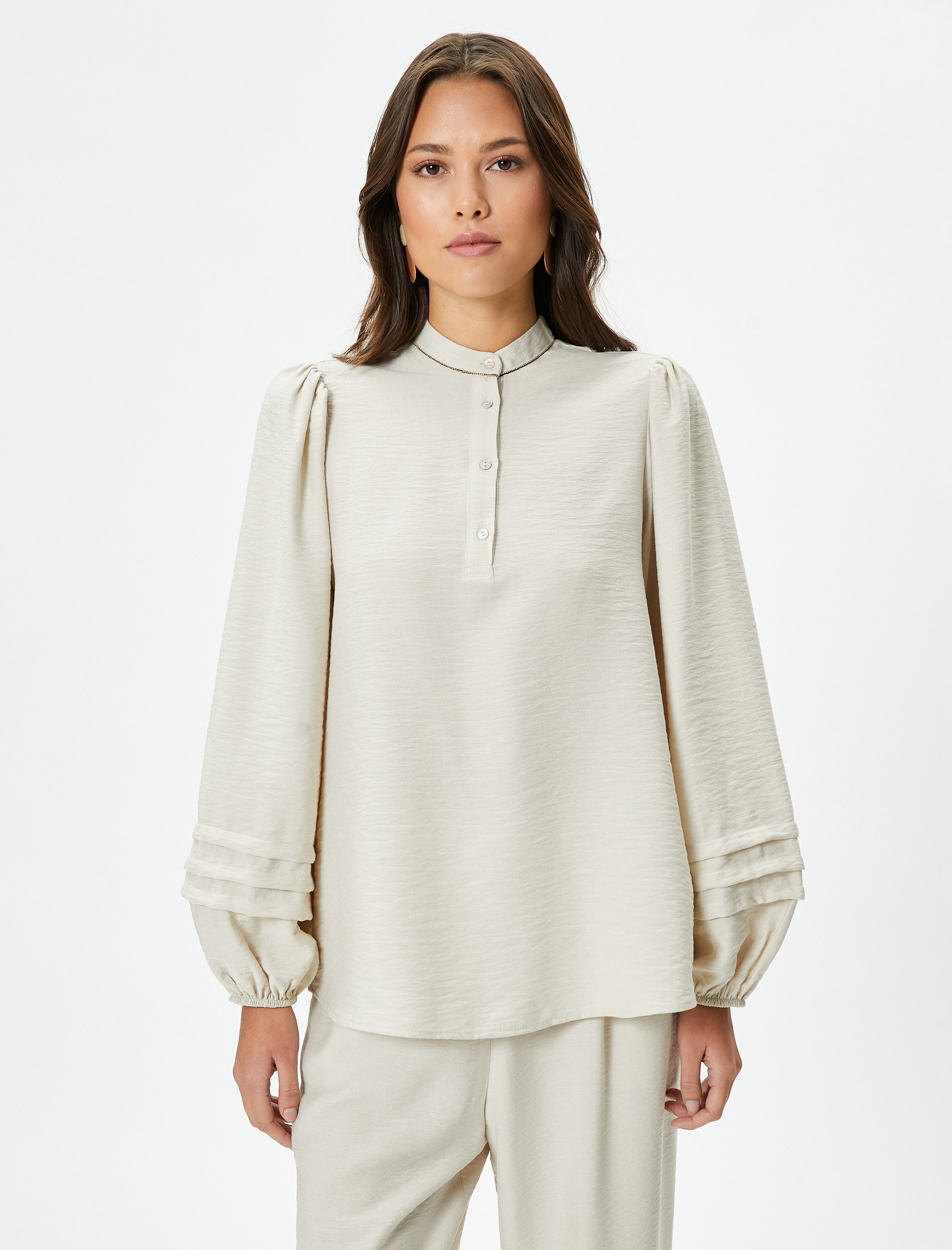   Hakim Yaka Bluz Balon Kollu Düğmeli Nervürlü Viskon