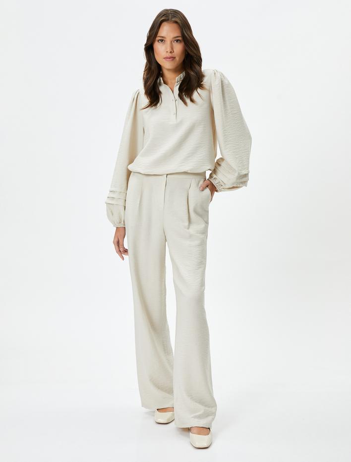  Hakim Yaka Bluz Balon Kollu Düğmeli Nervürlü Viskon