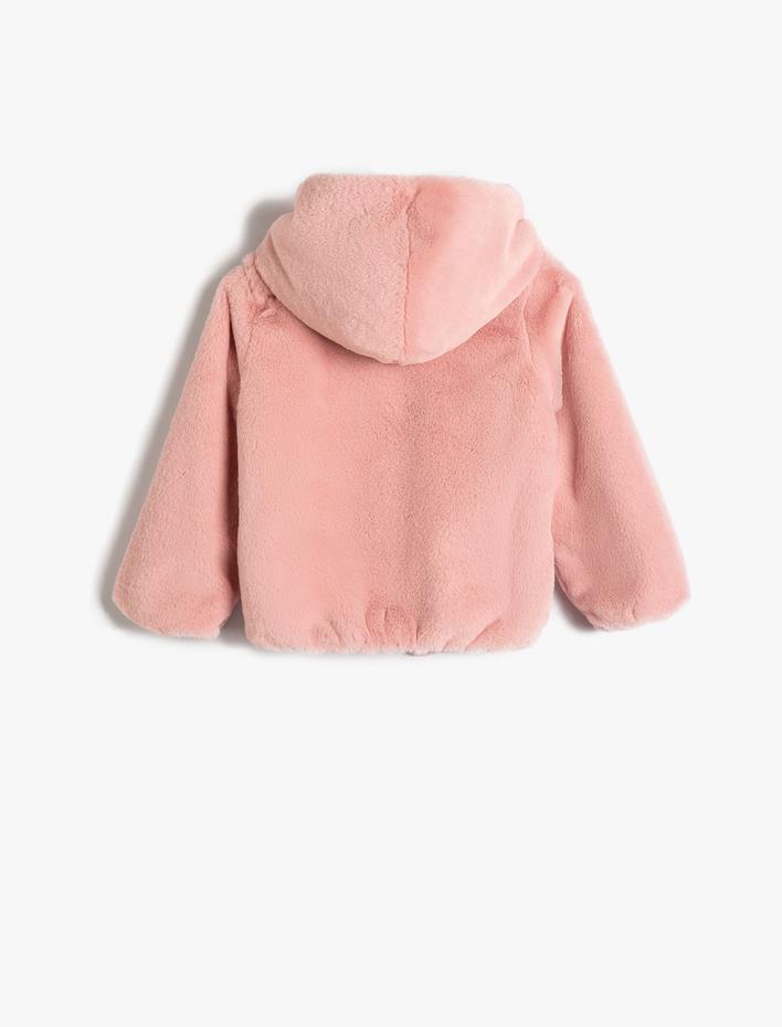 Kız Bebek Kapşonlu Peluş Ceket Fermuarlı Uzun Kollu