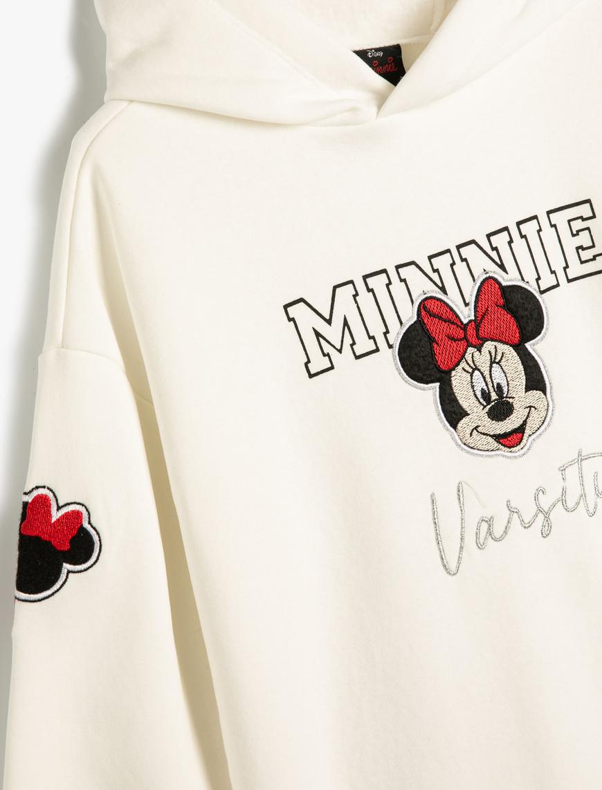  Kız Çocuk Minnie Mouse Kapşonlu Sweatshirt Lisanslı Aplike Detaylı Uzun Kollu Şardonlu