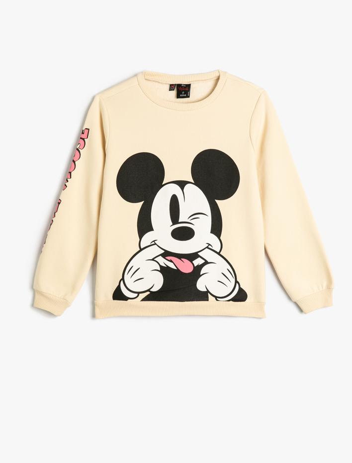 Kız Çocuk Mickey Mouse Sweatshirt Lisanslı Uzun Kollu Bisiklet Yaka Şardonlu