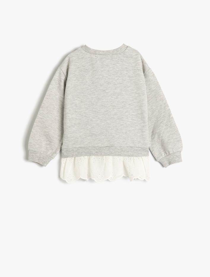 Kız Bebek Sweatshirt Uzun Kollu Bisiklet Yaka Şardonlu Fırfır ve Güpür Detaylı