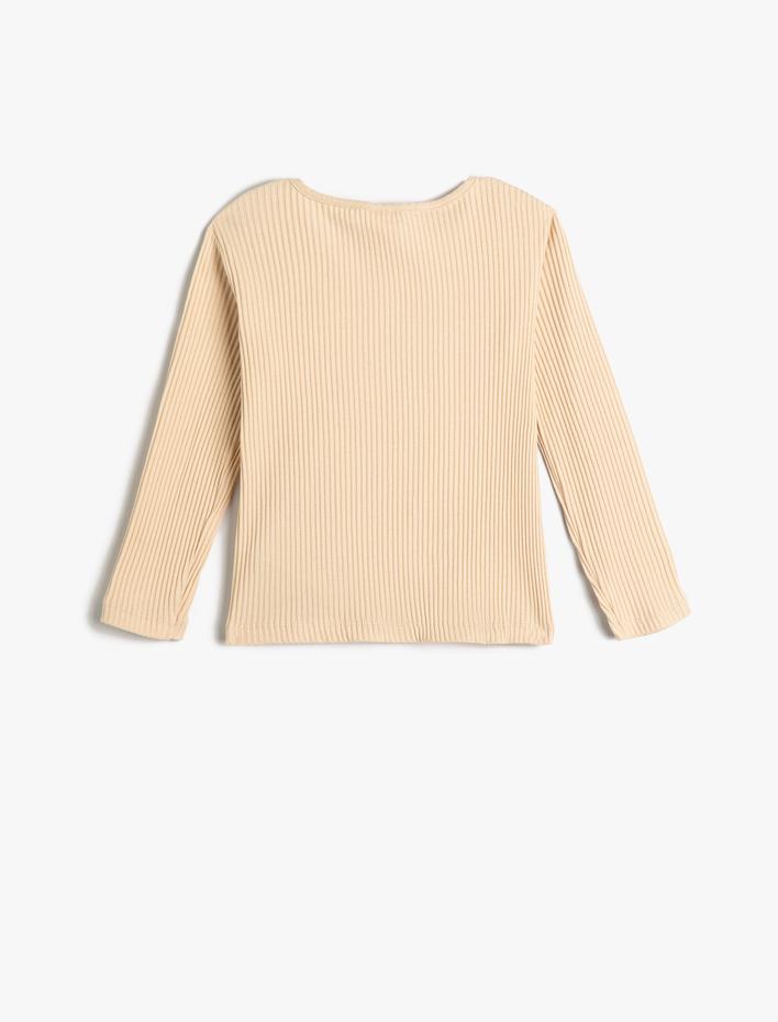 Kız Bebek Tişört Uzun Kollu Bisiklet Yaka Ribanalı Aplike Detaylı Pamuklu