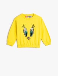 Tweety Sweatshirt Lisanslı Uzun Kollu Bisiklet Yaka Şardonlu Pamuklu