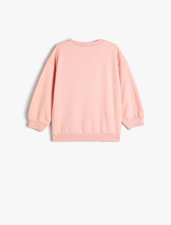 Kız Bebek Sweatshirt Kedi Baskılı Sim Detaylı Bisiklet Yaka Şardonlu Pamuklu