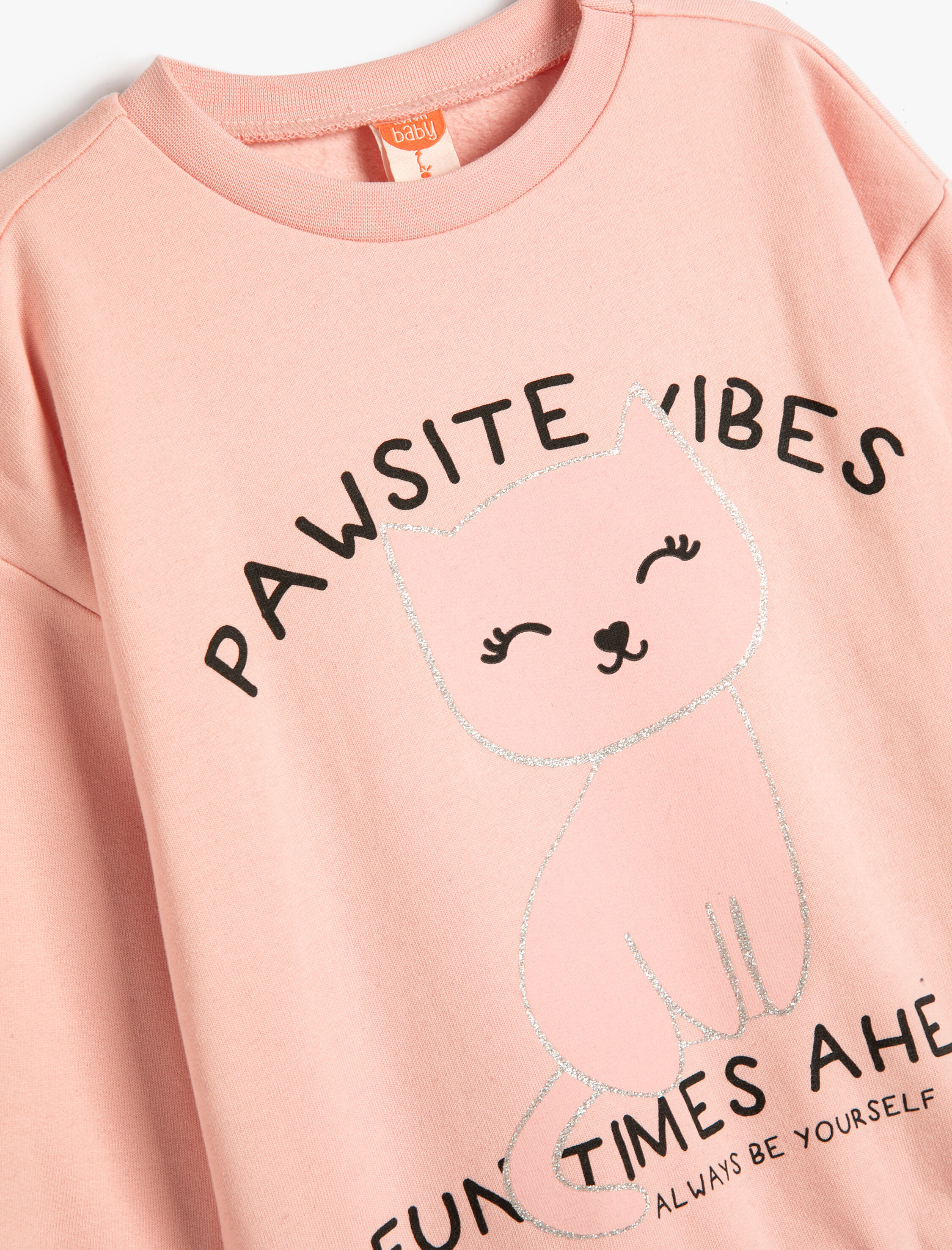  Kız Bebek Sweatshirt Kedi Baskılı Sim Detaylı Bisiklet Yaka Şardonlu Pamuklu