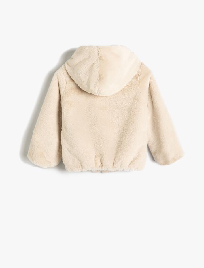 Kız Bebek Kapşonlu Peluş Ceket Fermuarlı Uzun Kollu
