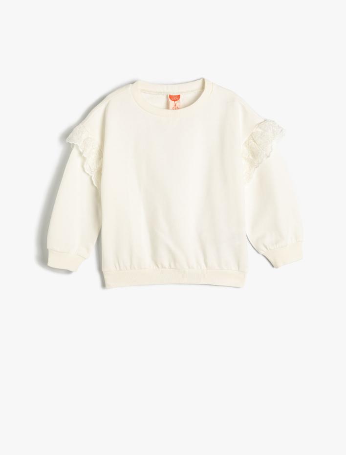 Kız Bebek Basic Sweatshirt Fırfırlı Uzun Kollu Bisiklet Yaka Şardonlu Pamuklu