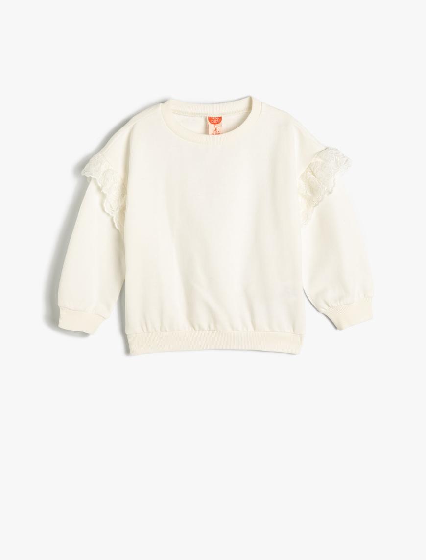  Kız Bebek Basic Sweatshirt Fırfırlı Uzun Kollu Bisiklet Yaka Şardonlu Pamuklu