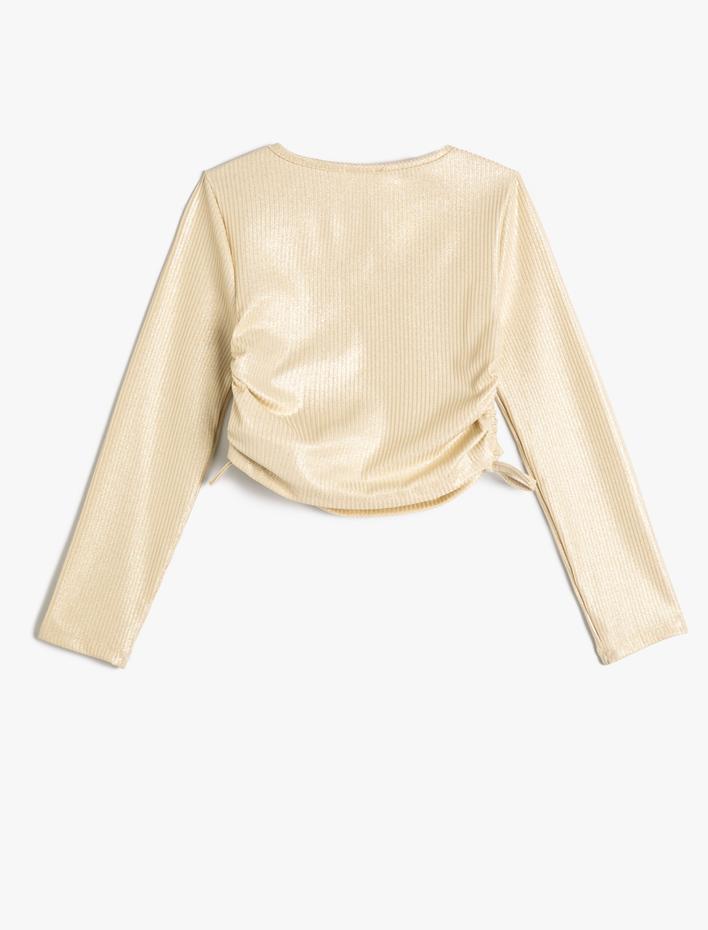 Kız Çocuk Tişört Uzun Kollu Bisiklet Yaka Parlak Kumaş Ribanalı Büzgü Detaylı