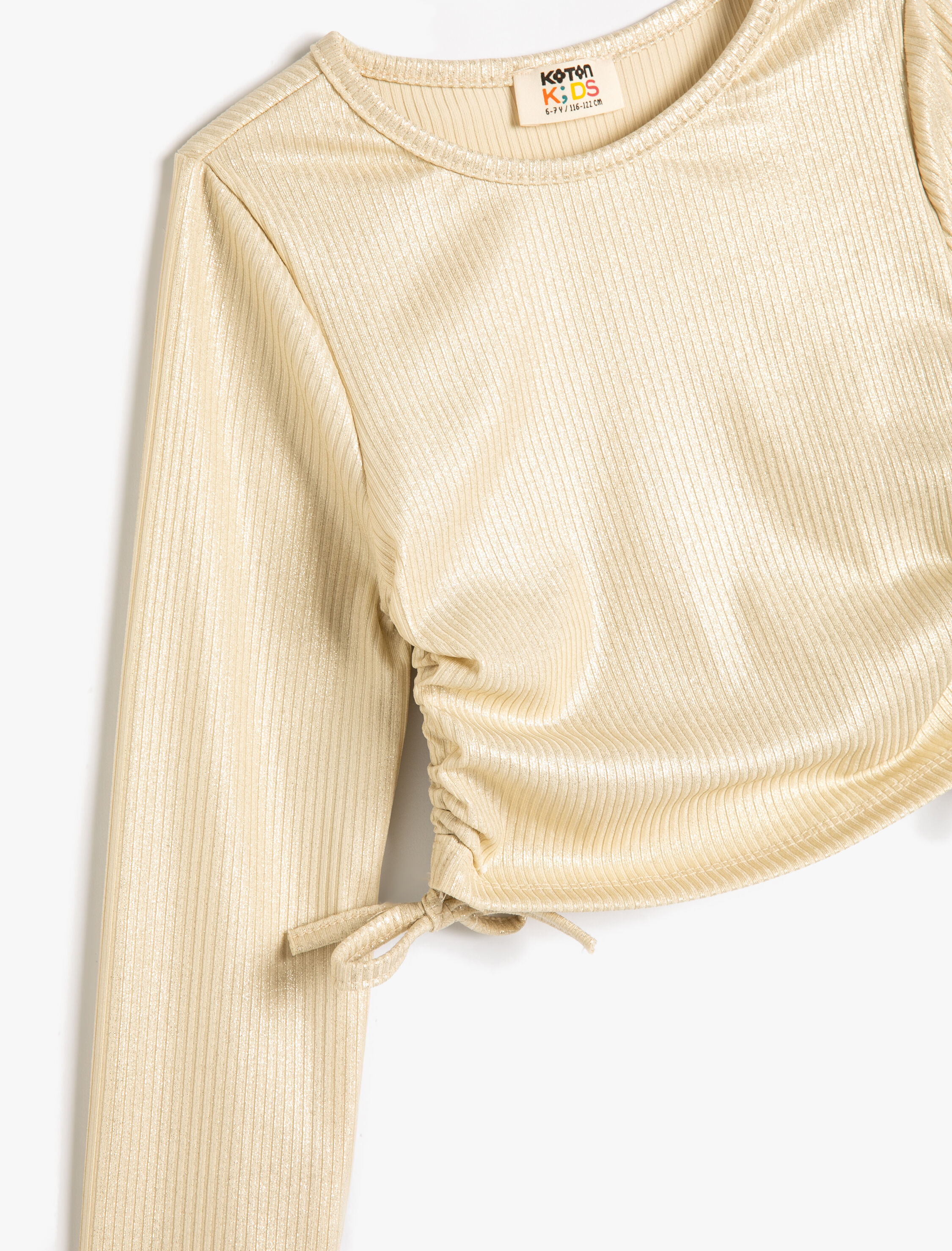  Kız Çocuk Tişört Uzun Kollu Bisiklet Yaka Parlak Kumaş Ribanalı Büzgü Detaylı