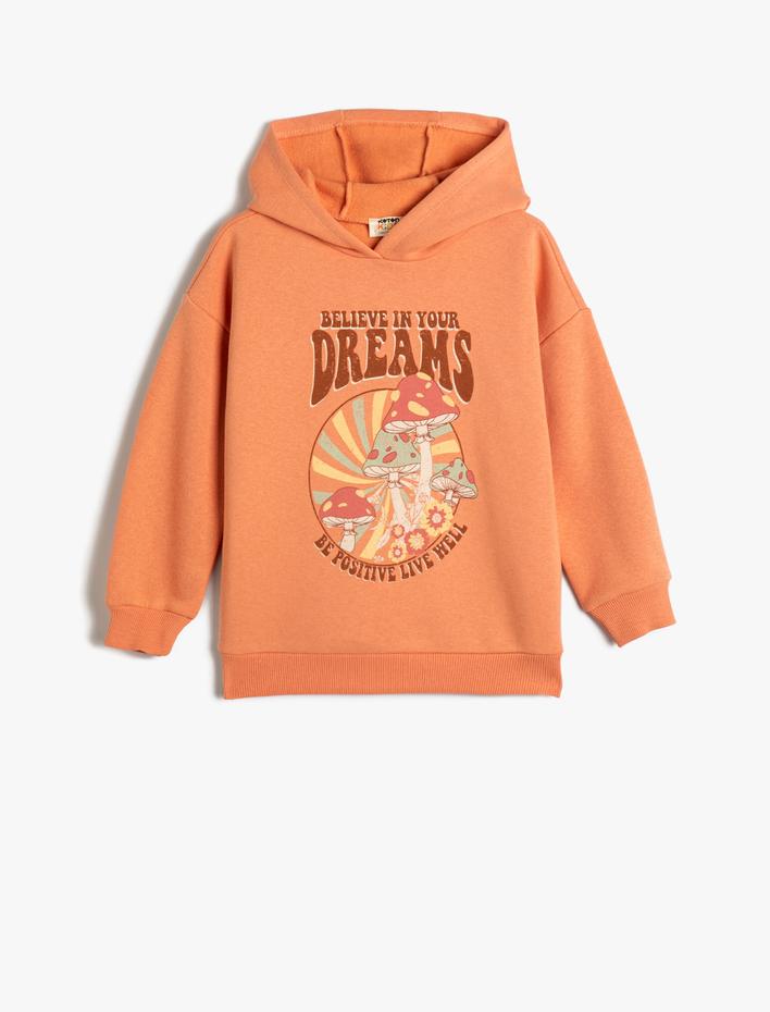 Kız Çocuk Oversize Kapşonlu Sweatshirt Mantar Baskılı Şardonlu