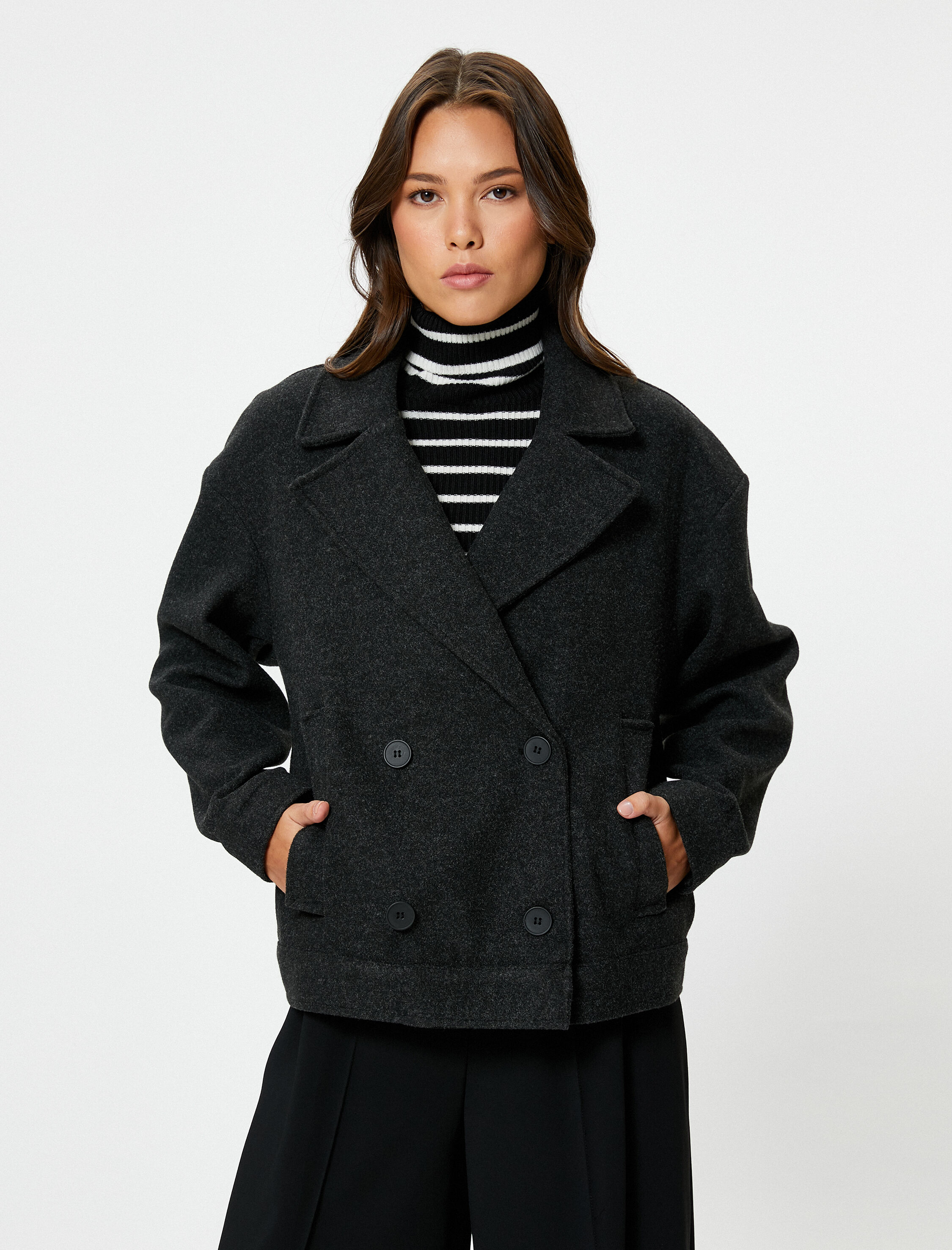   Kaşe Ceket Kruvaze Düğmeli Cep Detaylı