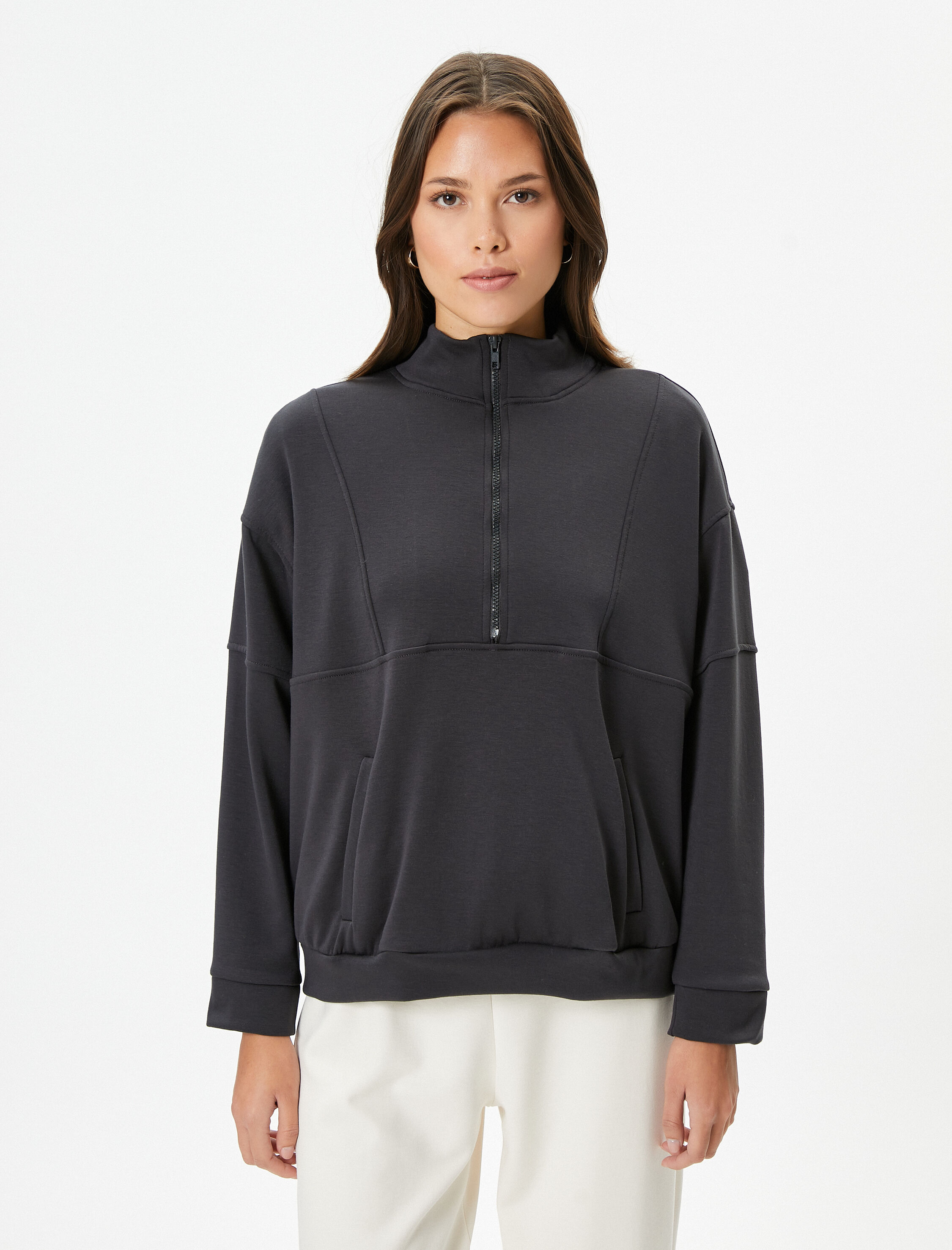   Pijama Üstü Yarım Fermuarlı Dik Yaka Kanguru Cepli