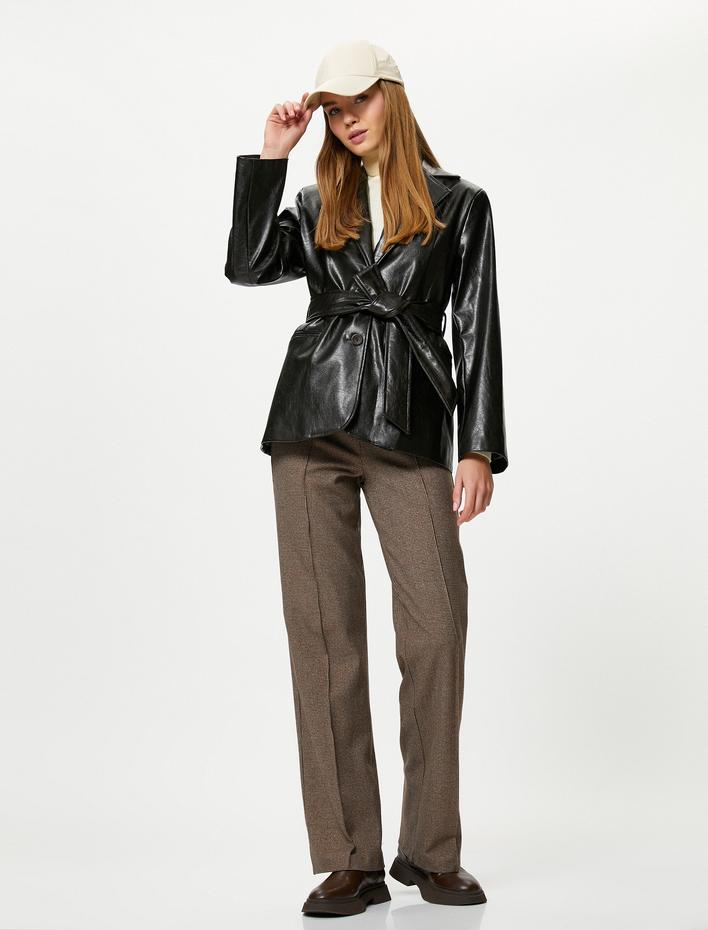  Deri Görünümlü Ceket Kruvaze Kemer Detaylı Cepli