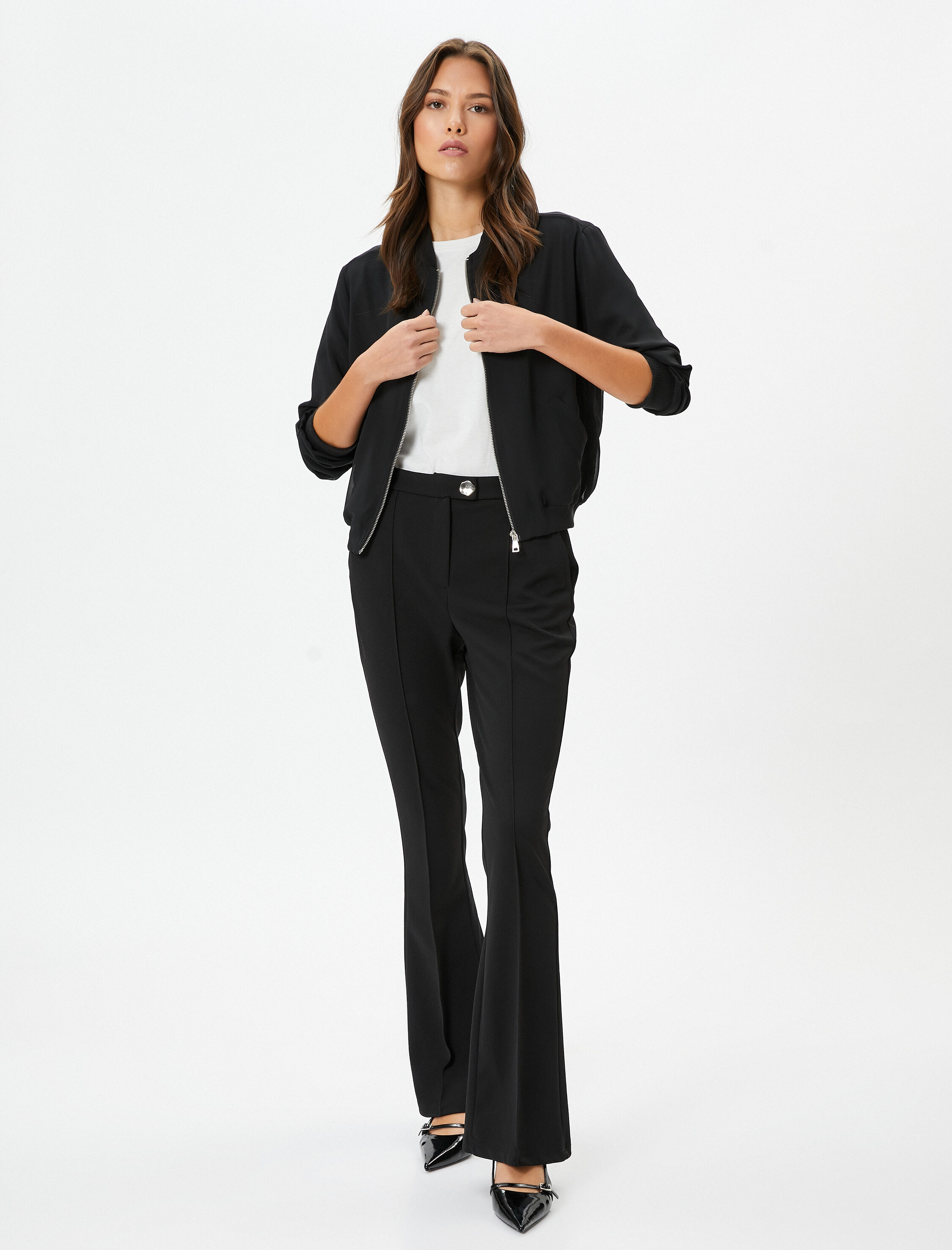   İspanyol Paça Pantolon Kumaş Cepli Normal Bel Slim Fit