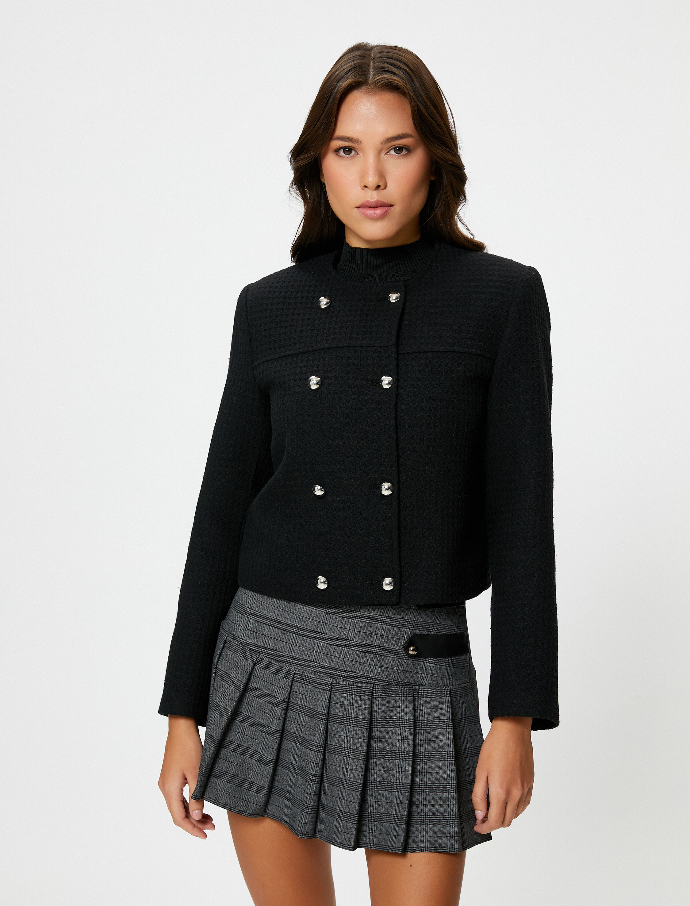   Crop Tüvit Ceket Kruvaze Düğmeli