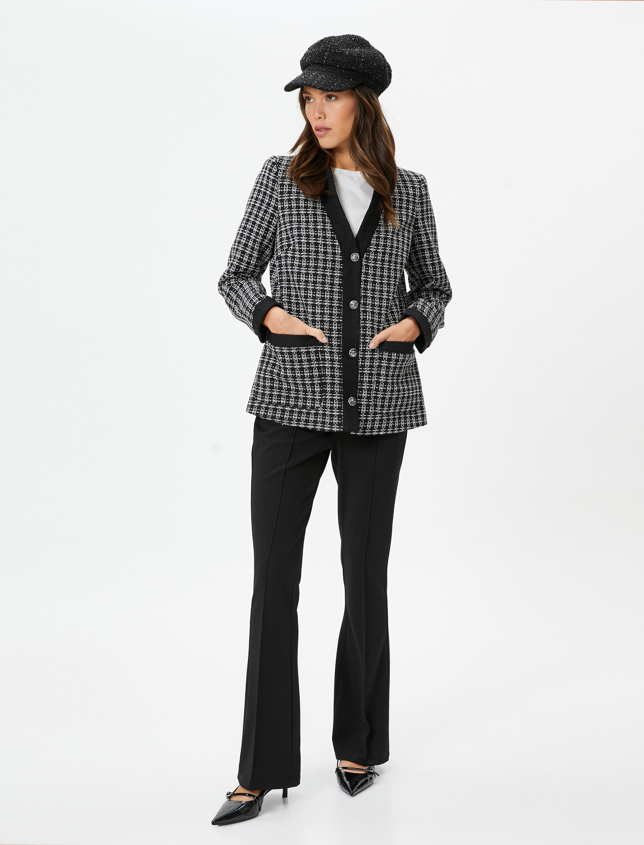   Tüvit Ceket Cepli V Yaka Düğmeli