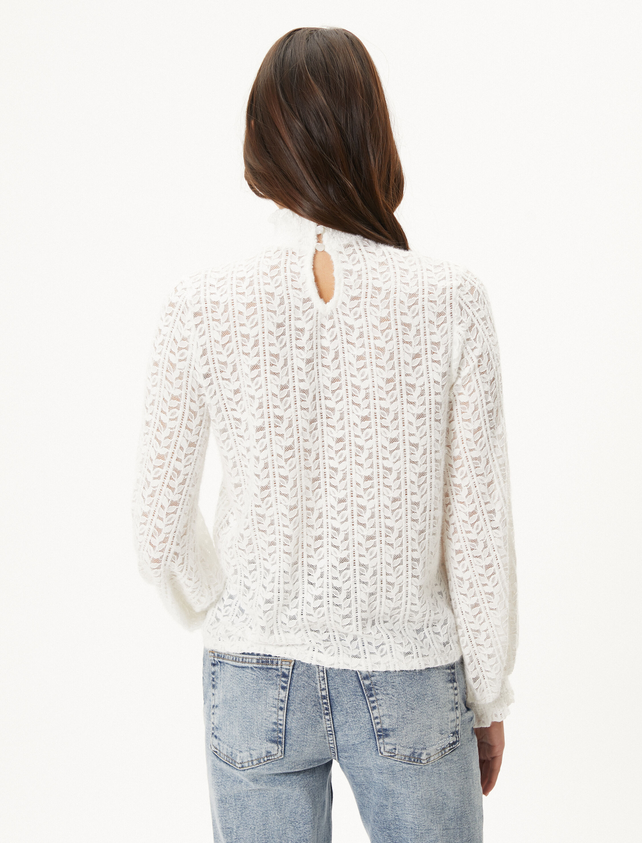   Dantelli Bluz Dik Yaka Gipeli Fırfırlı