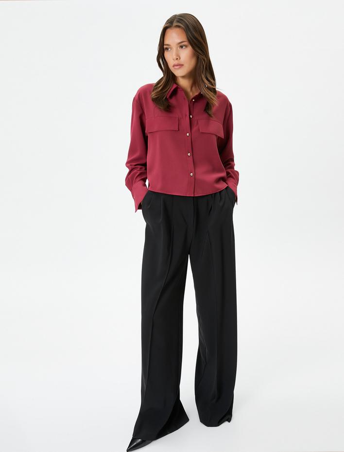  Crop Uzun Kollu Gömlek Kapaklı Cepli Düğmeli Regular Fit