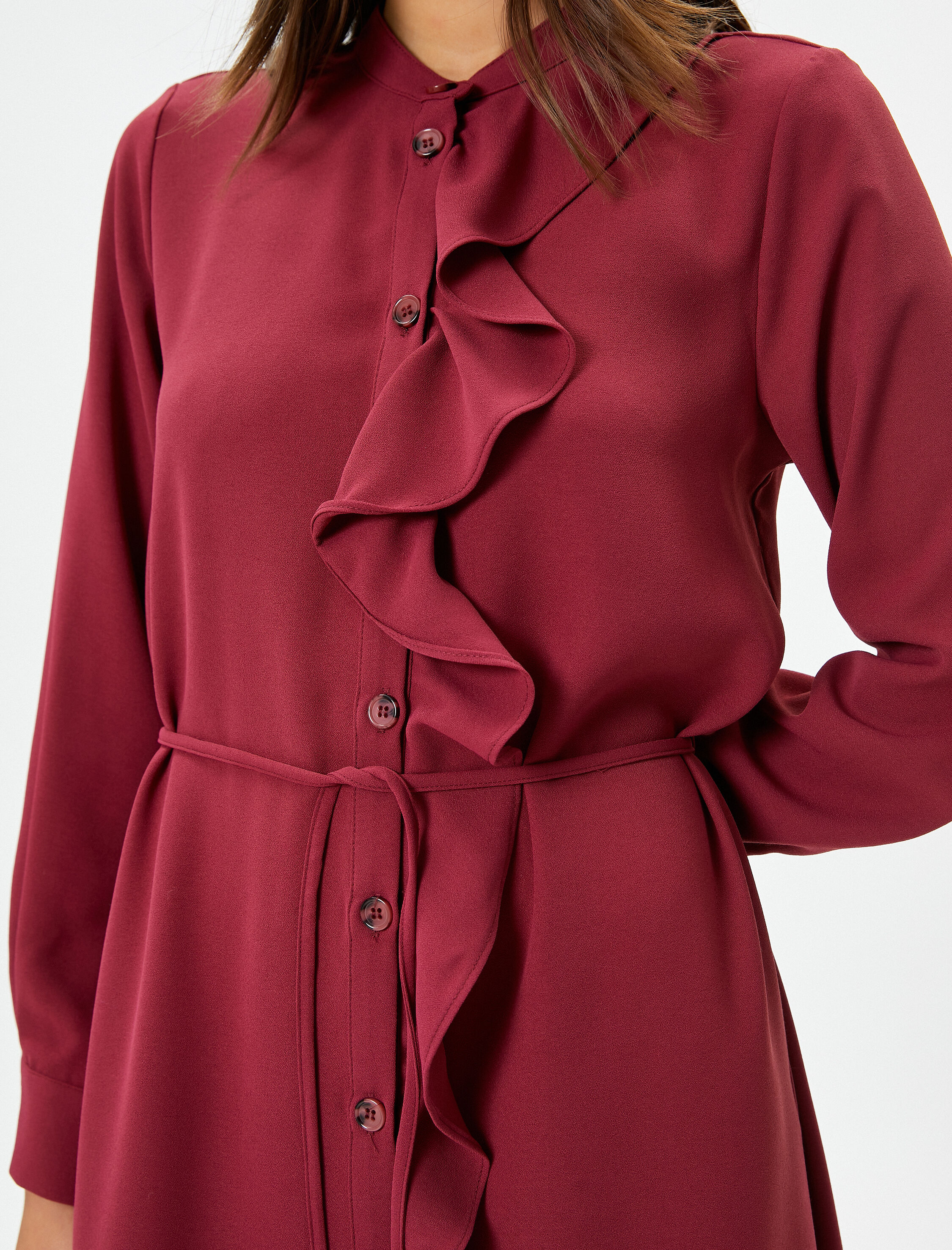   Midi Boy Fırfırlı Elbise Uzun Kollu Düğmeli Beli Bağlamalı