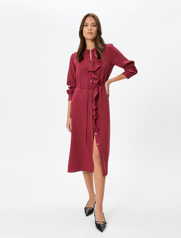  Midi Boy Fırfırlı Elbise Uzun Kollu Düğmeli Beli Bağlamalı