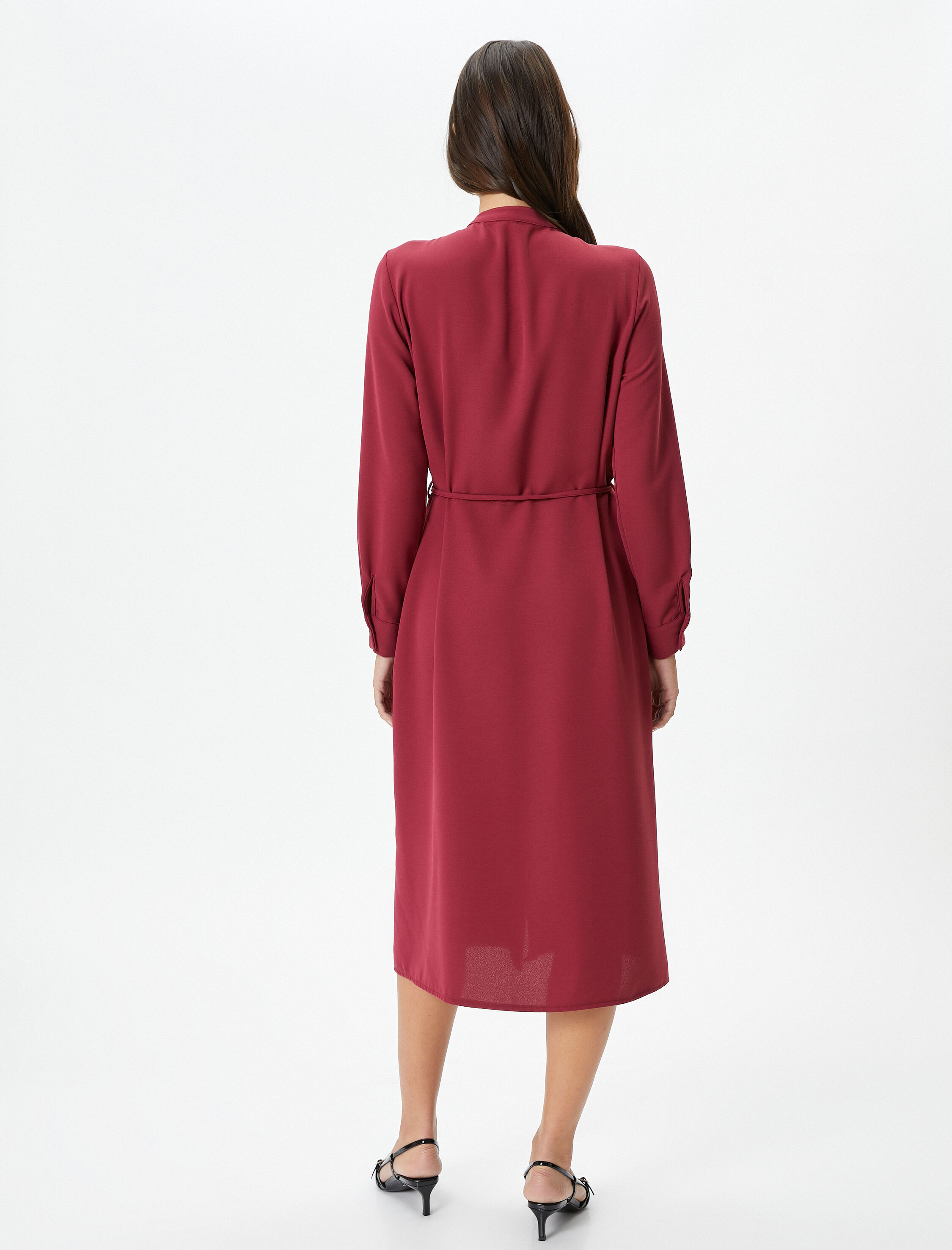   Midi Boy Fırfırlı Elbise Uzun Kollu Düğmeli Beli Bağlamalı