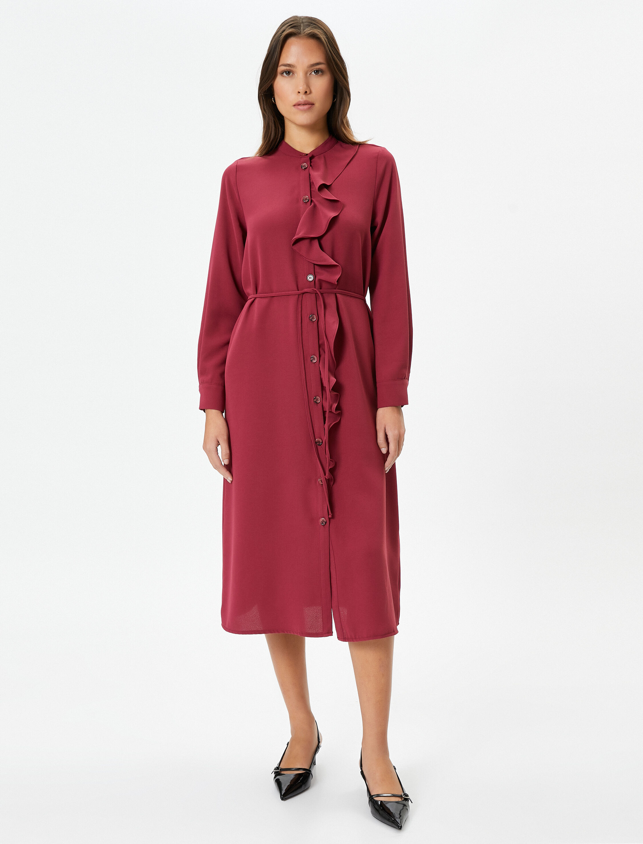   Midi Boy Fırfırlı Elbise Uzun Kollu Düğmeli Beli Bağlamalı