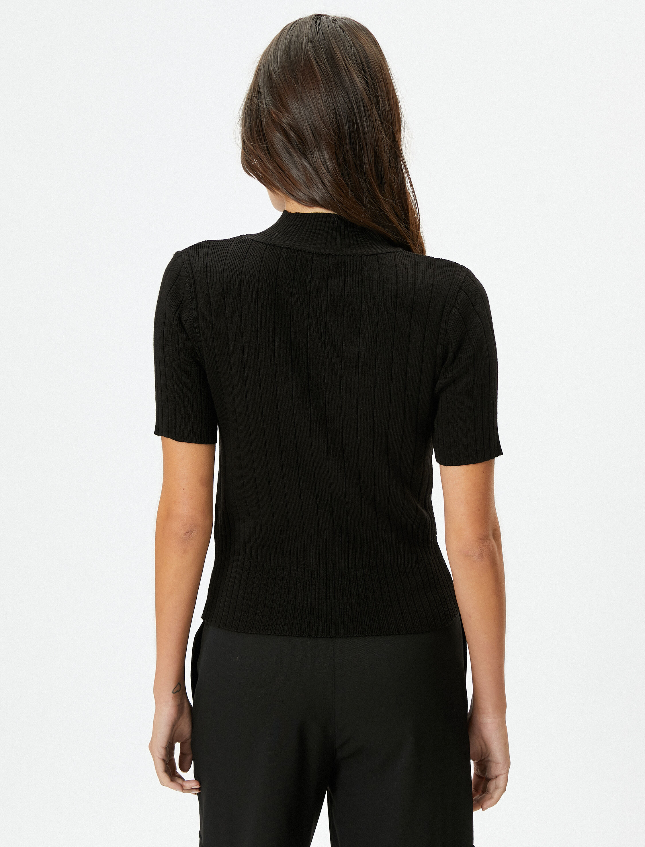   Yarım Balıkçı Yaka Kazak Triko Ribanalı Kısa Kollu