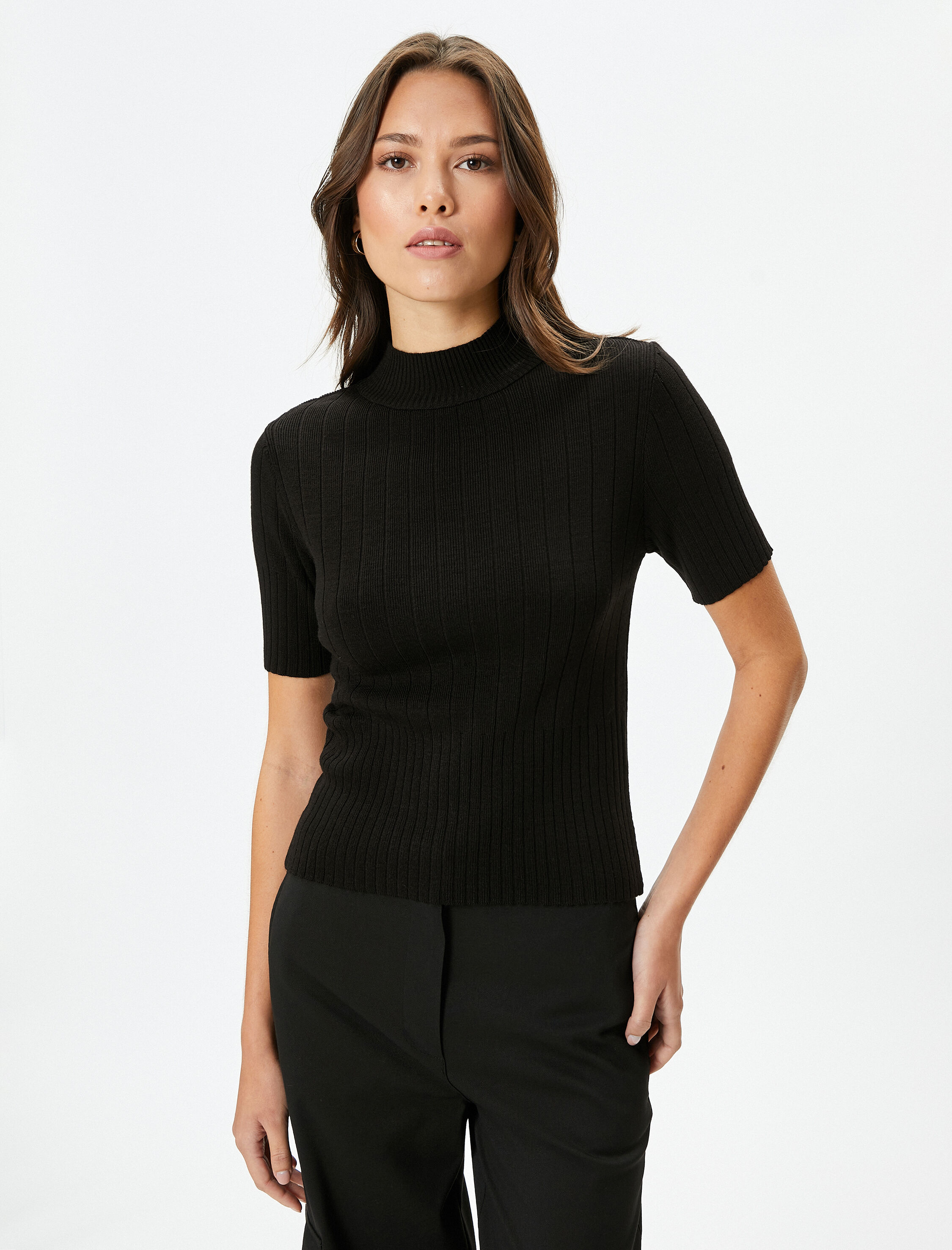   Yarım Balıkçı Yaka Kazak Triko Ribanalı Kısa Kollu