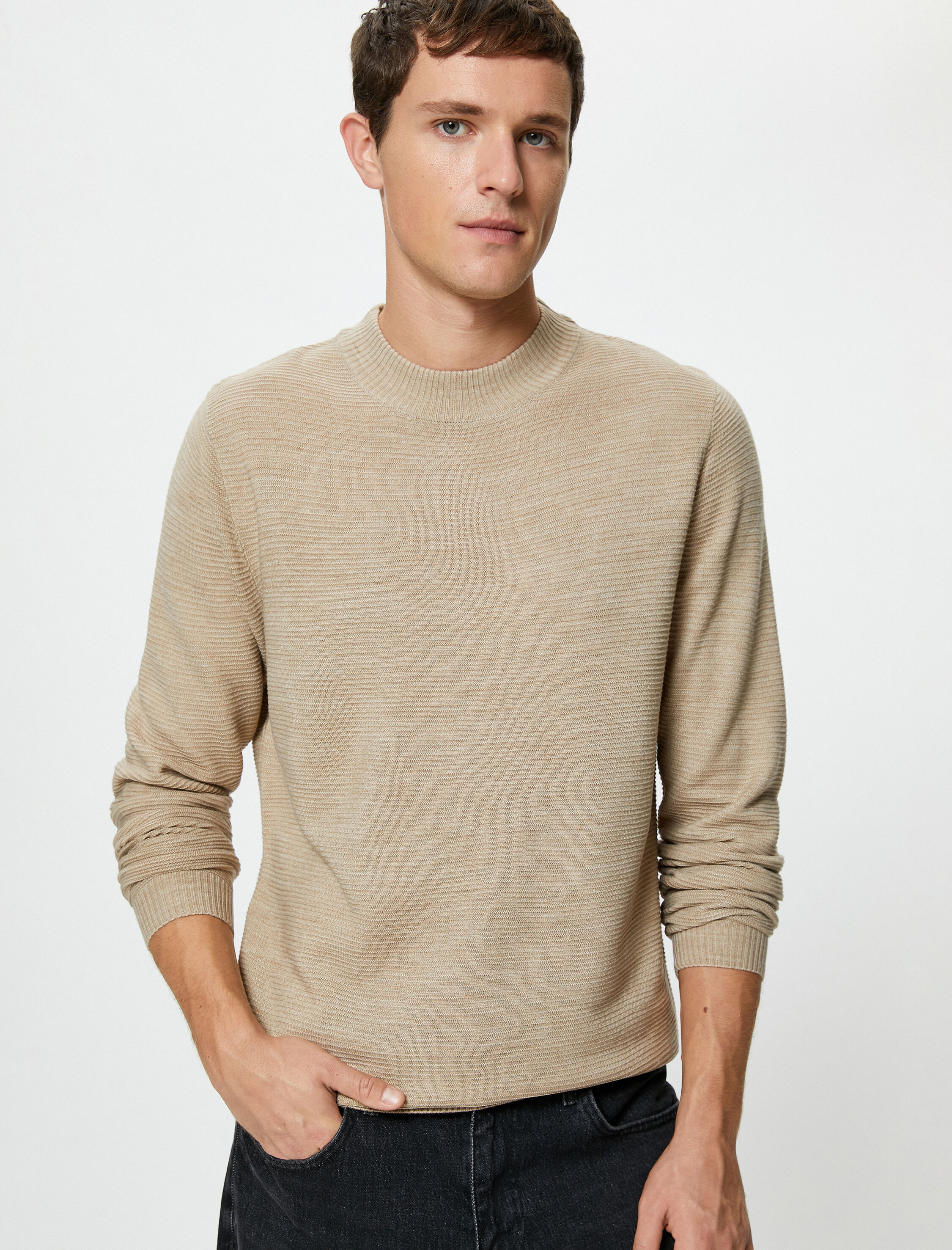   Basic Triko Kazak Slim Fit Yarım Balıkçı Yaka Dokulu Uzun Kollu