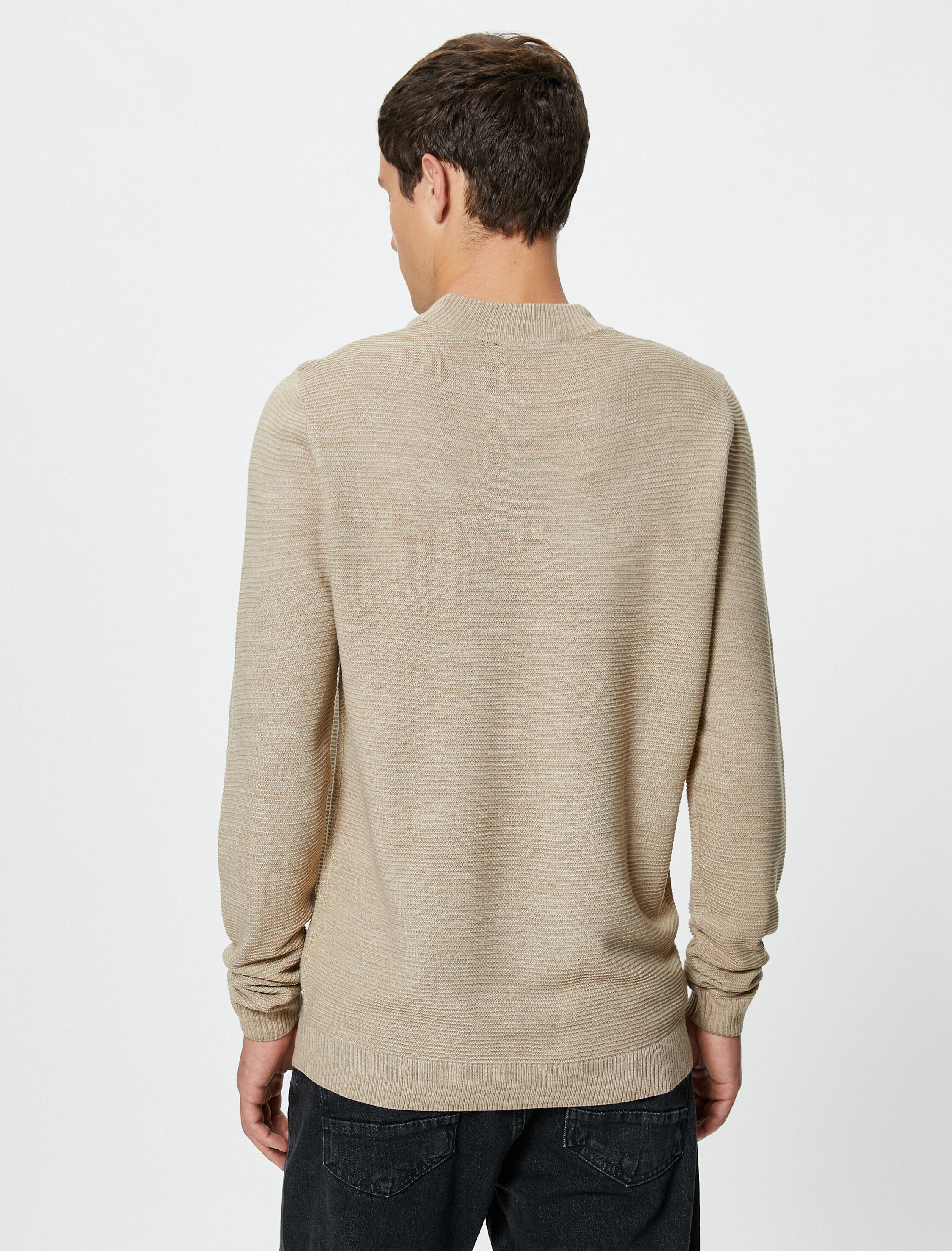   Basic Triko Kazak Slim Fit Yarım Balıkçı Yaka Dokulu Uzun Kollu