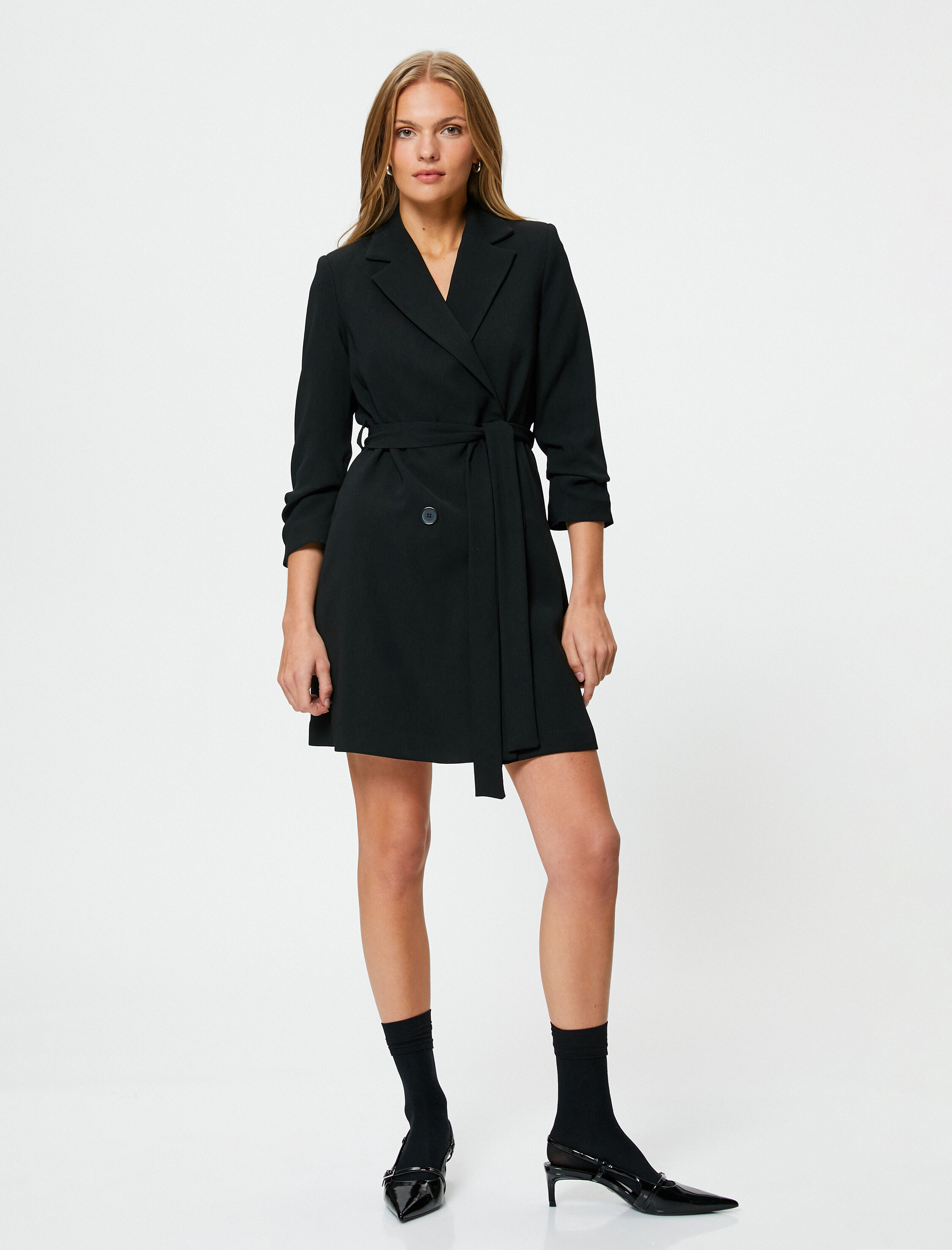   Ceket Elbise Beli Kuşaklı Düğmeli Kruvaze