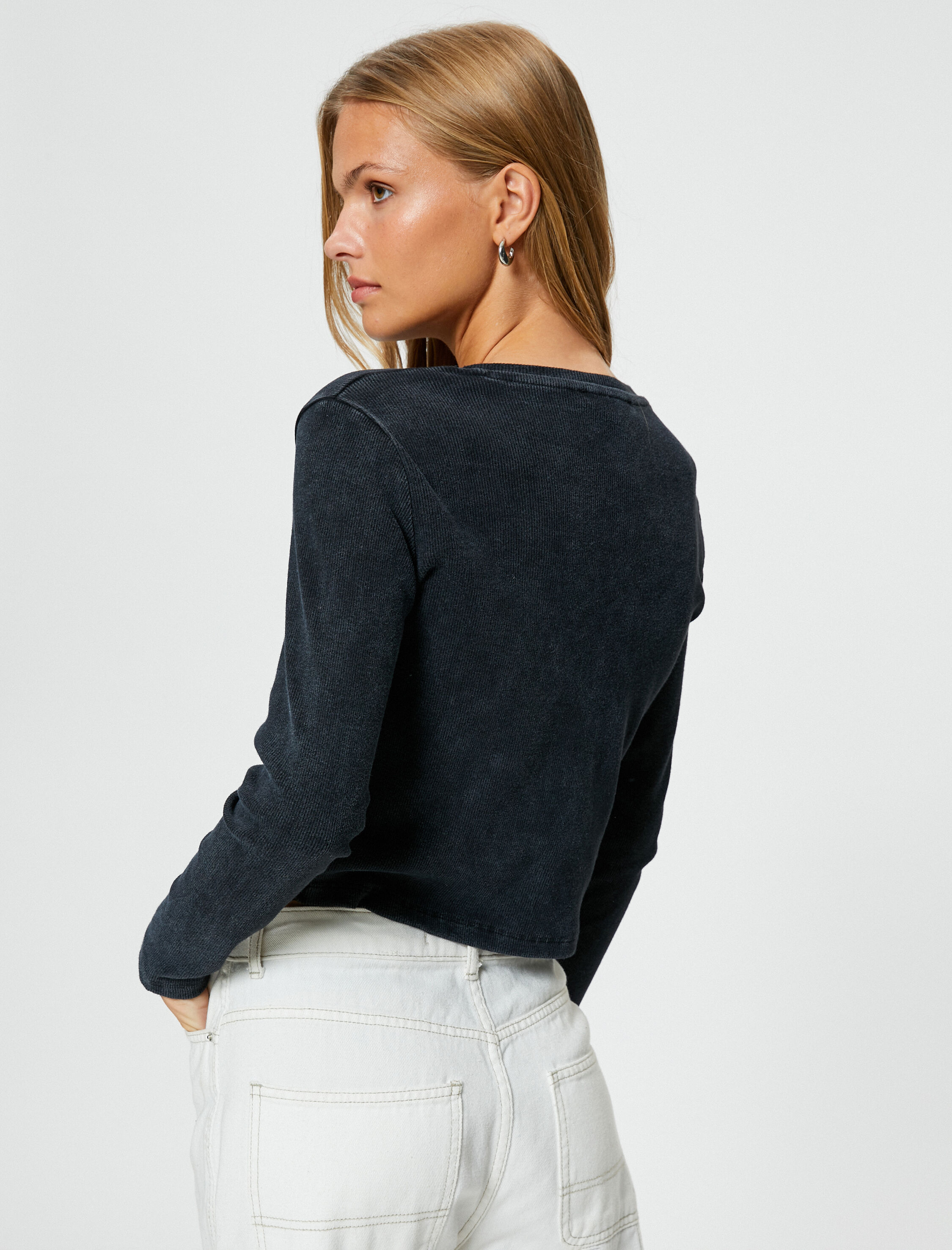   Uzun Kollu Tişört Bisiklet Yaka Fitilli Pamuklu