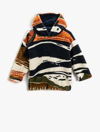 Peluş Kapşonlu Sweatshirt Soyut Desenli Uzun Kollu
