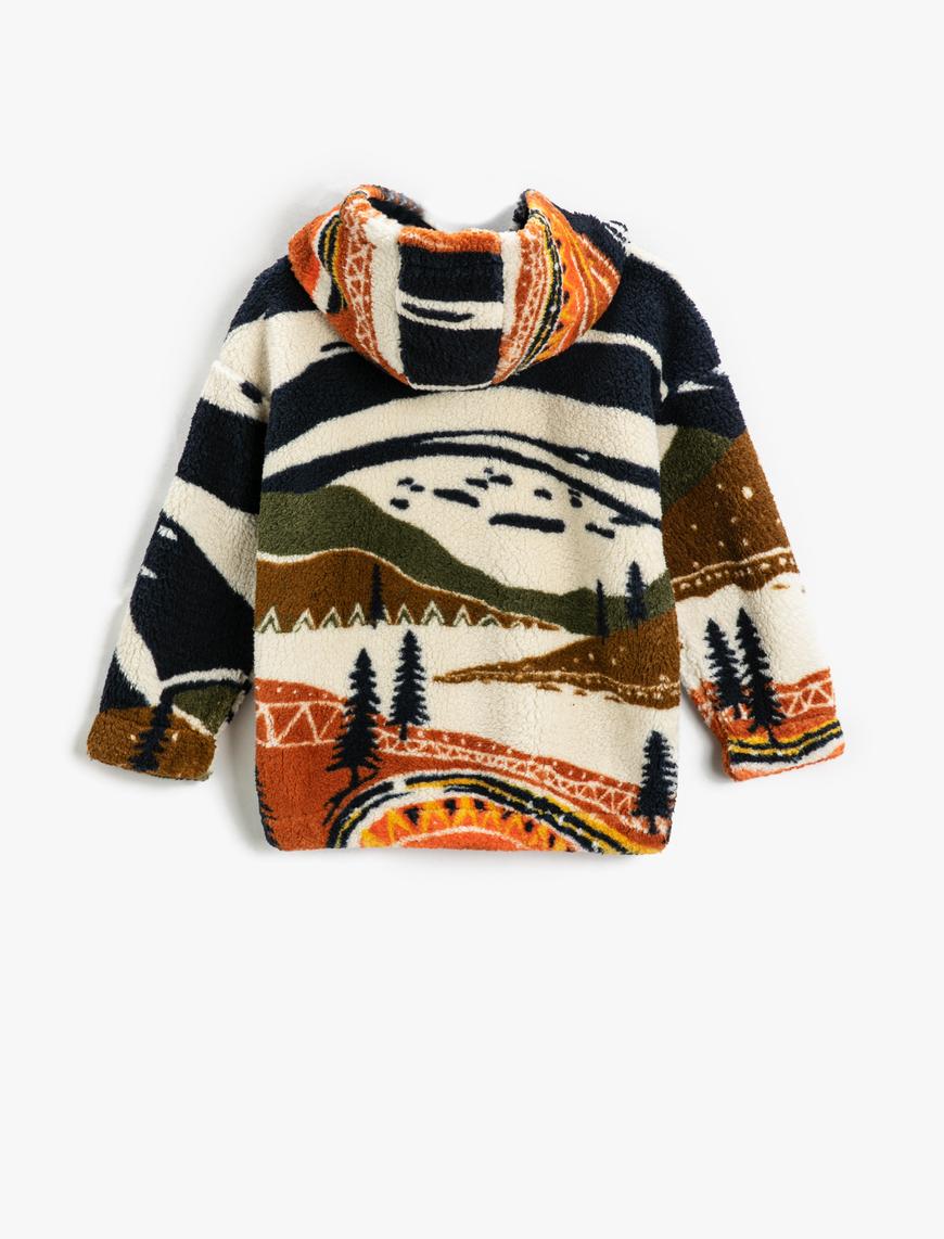  Erkek Çocuk Peluş Kapşonlu Sweatshirt Soyut Desenli Uzun Kollu
