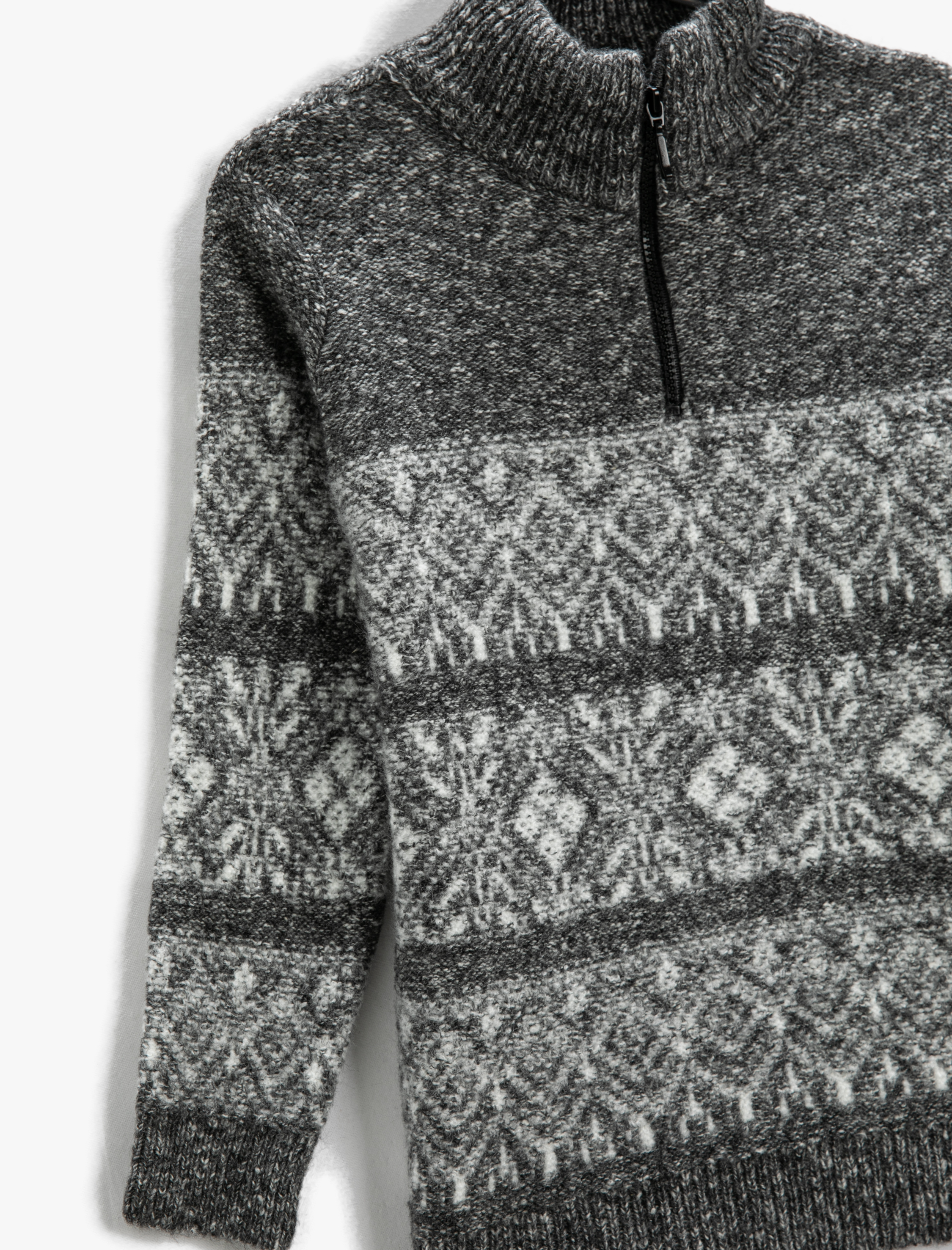  Erkek Çocuk Yarım Fermuarlı Dik Yaka Triko Kazak Uzun Kollu Desenli