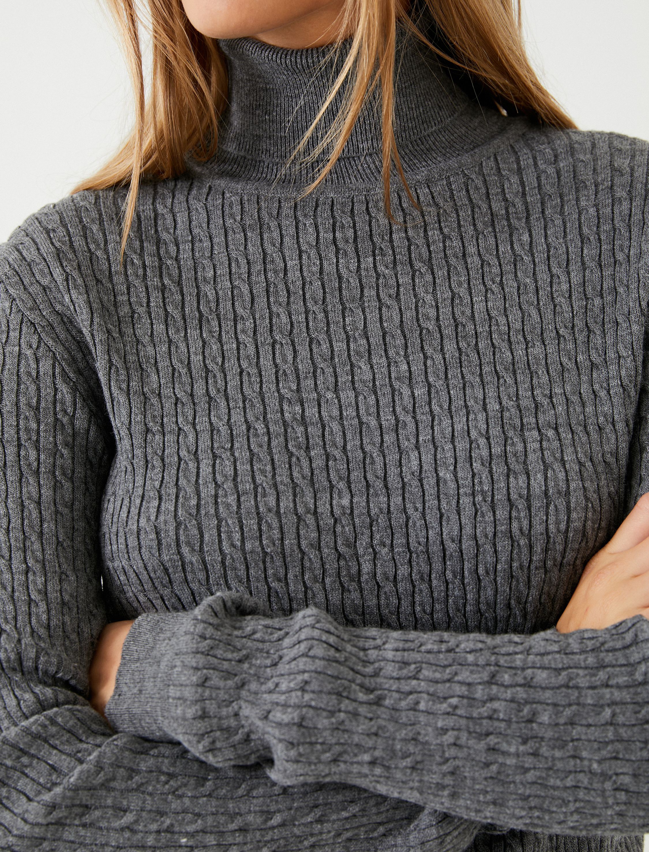   Balıkçı Yaka Kazak Dar Kesim Örgü Motifli Kaşmir Dokulu