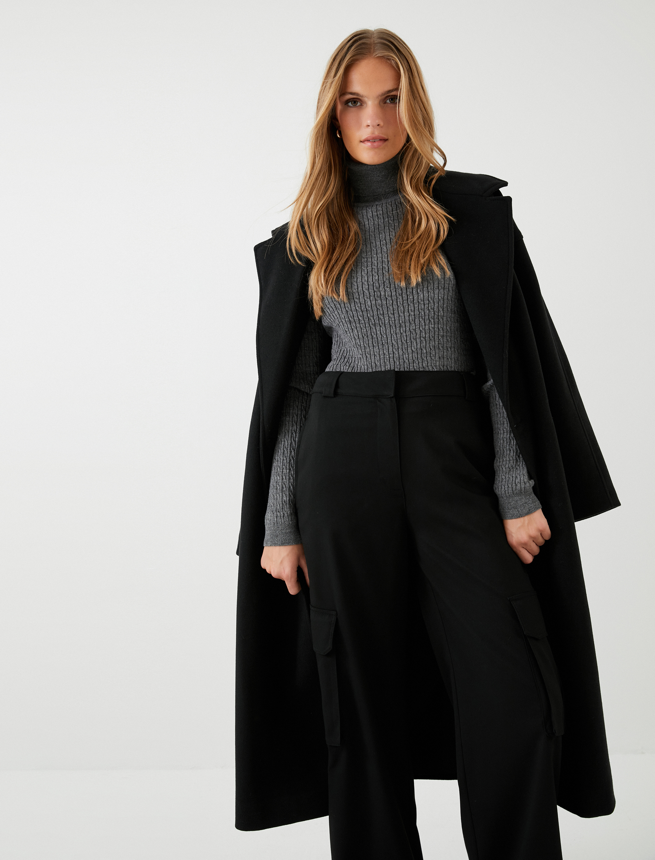   Balıkçı Yaka Kazak Dar Kesim Örgü Motifli Kaşmir Dokulu