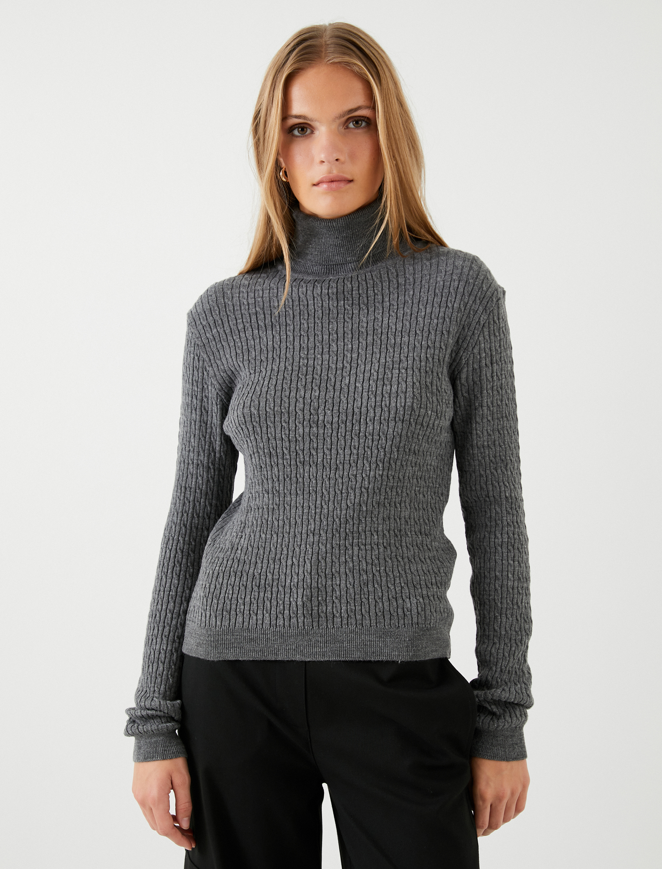   Balıkçı Yaka Kazak Dar Kesim Örgü Motifli Kaşmir Dokulu