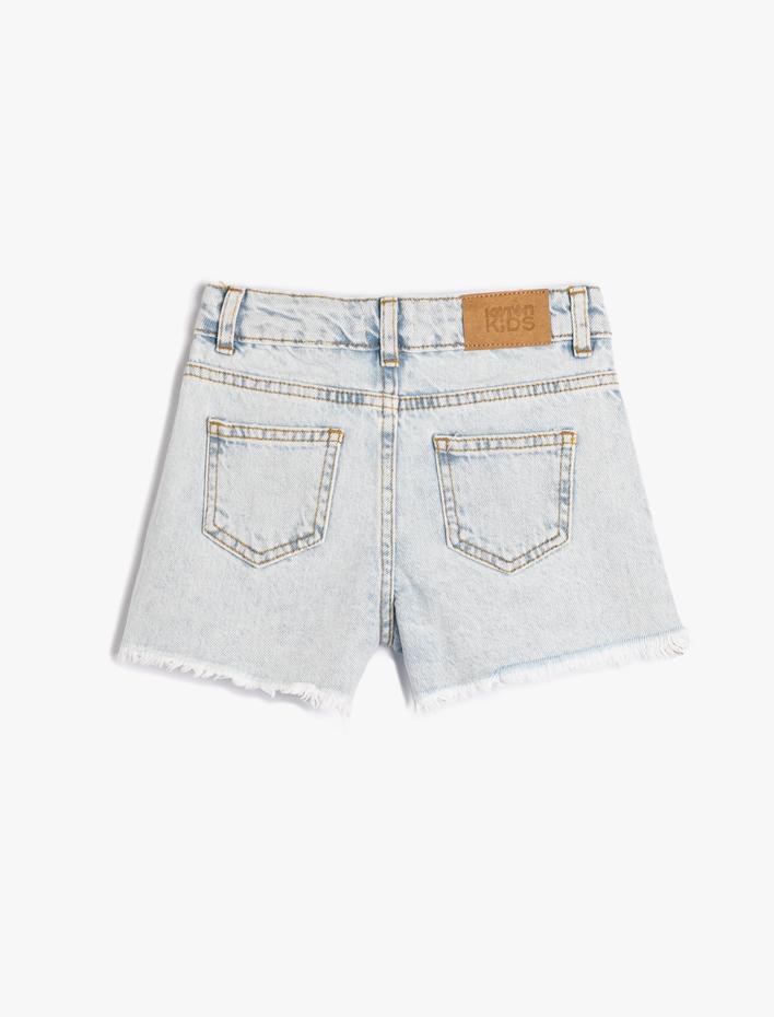 Kız Çocuk Kot Şort Cepli Baskılı Pamuklu - Slim Fit