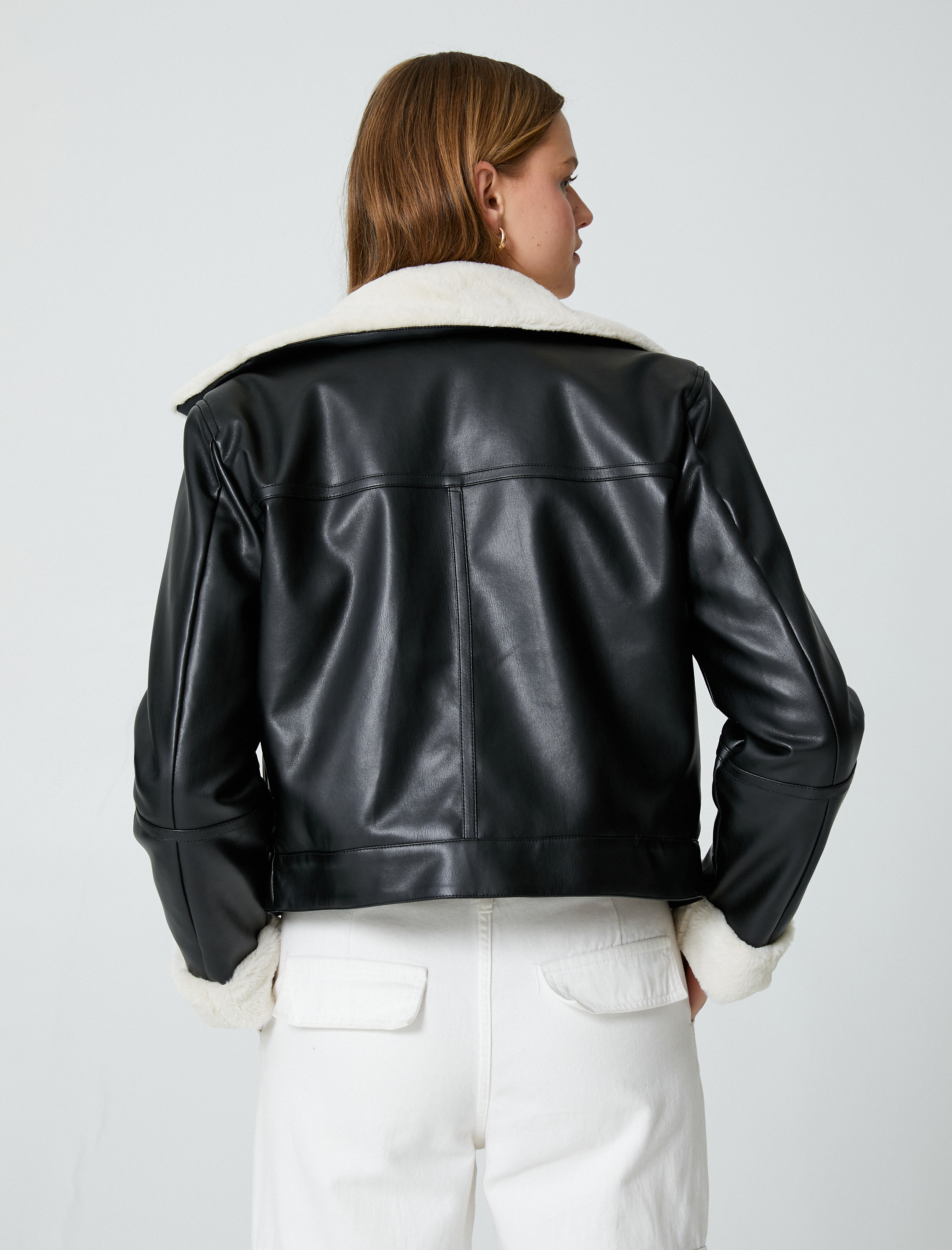   Peluş Detaylı Biker Ceket Suni Deri