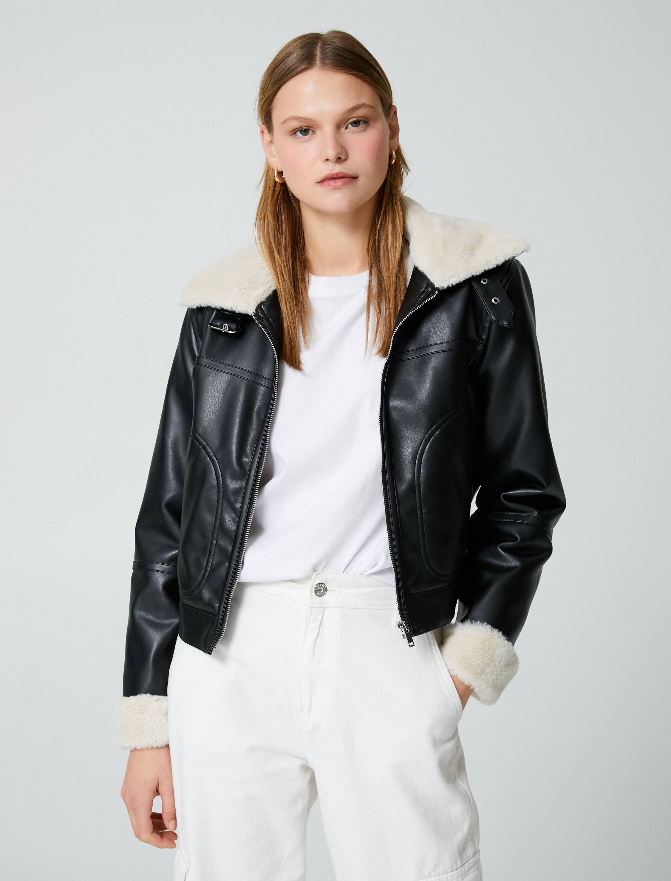   Peluş Detaylı Biker Ceket Suni Deri