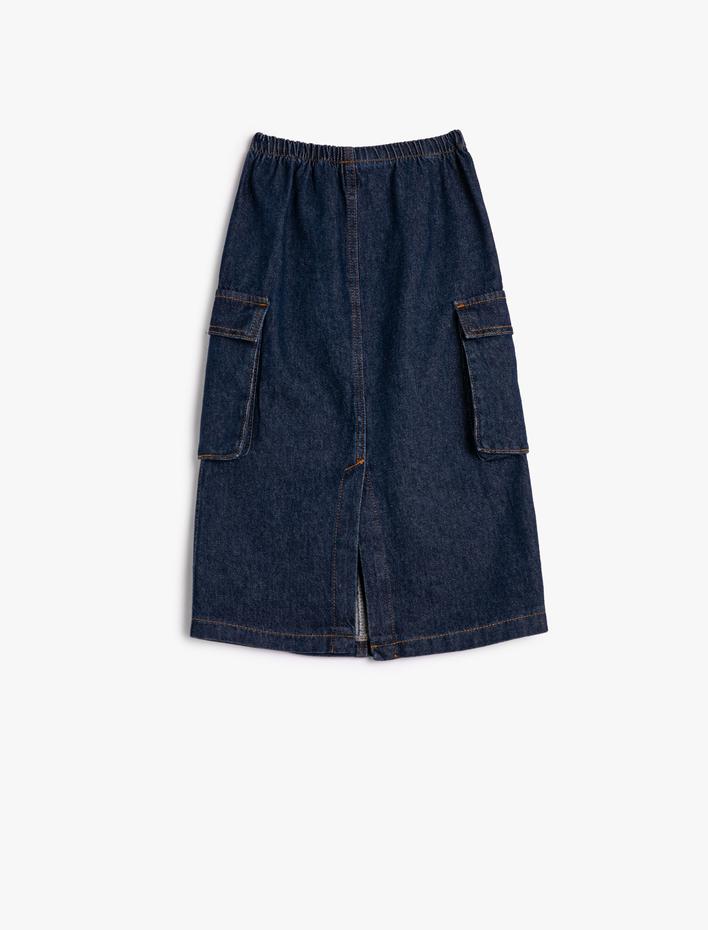 Kız Çocuk Kargo Kot Etek Maksi Boy Yırtmaç Detaylı Beli Lastikli Pamuklu