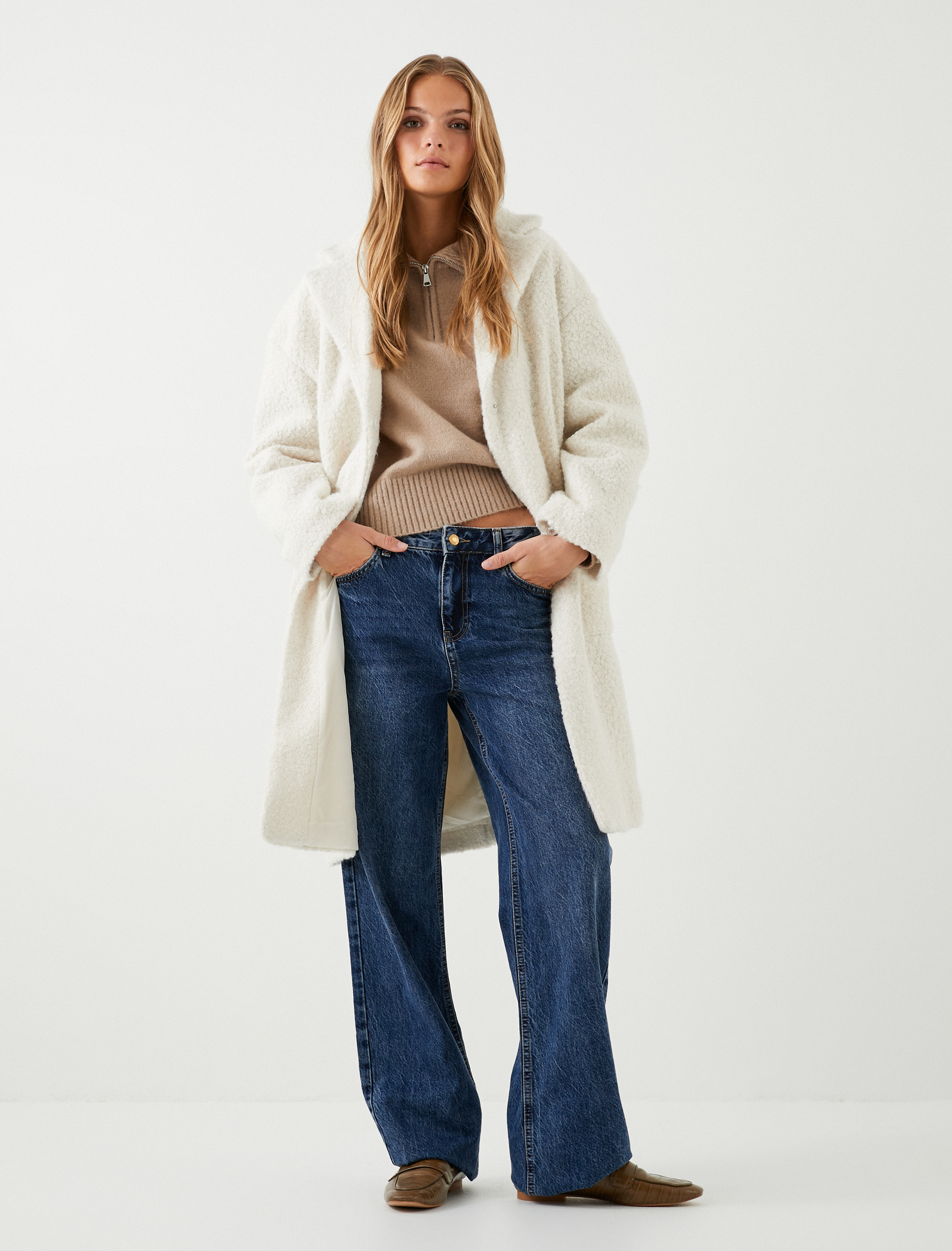   Oversize Uzun Buklet Kaban Kruvaze Cep Detaylı Astarlı